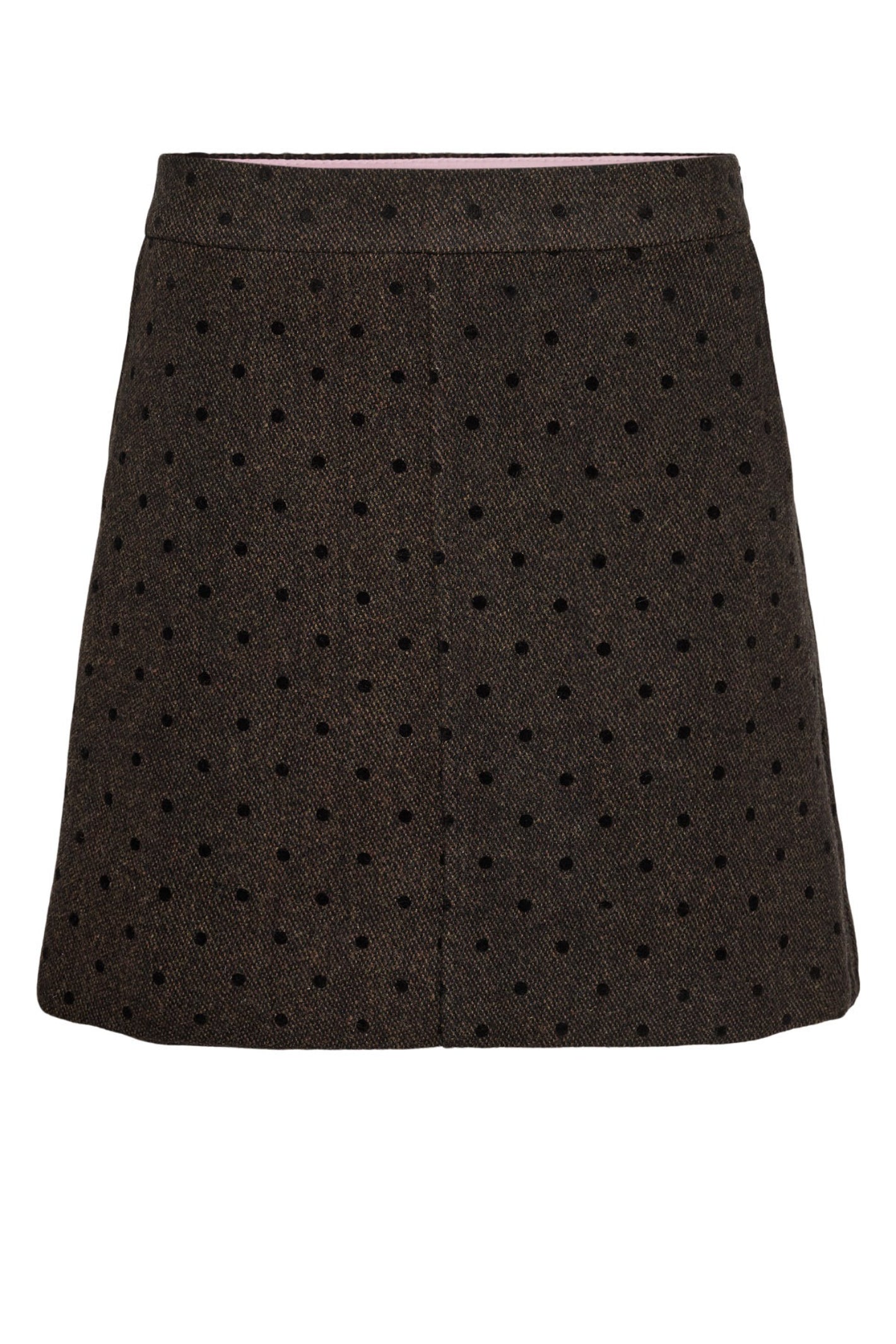 Shop the Nümph NUAMIA Skirt in Black Coffee at Dotique. A chocolate brown A-line mini skirt with black polka dots and a wool blend finish.