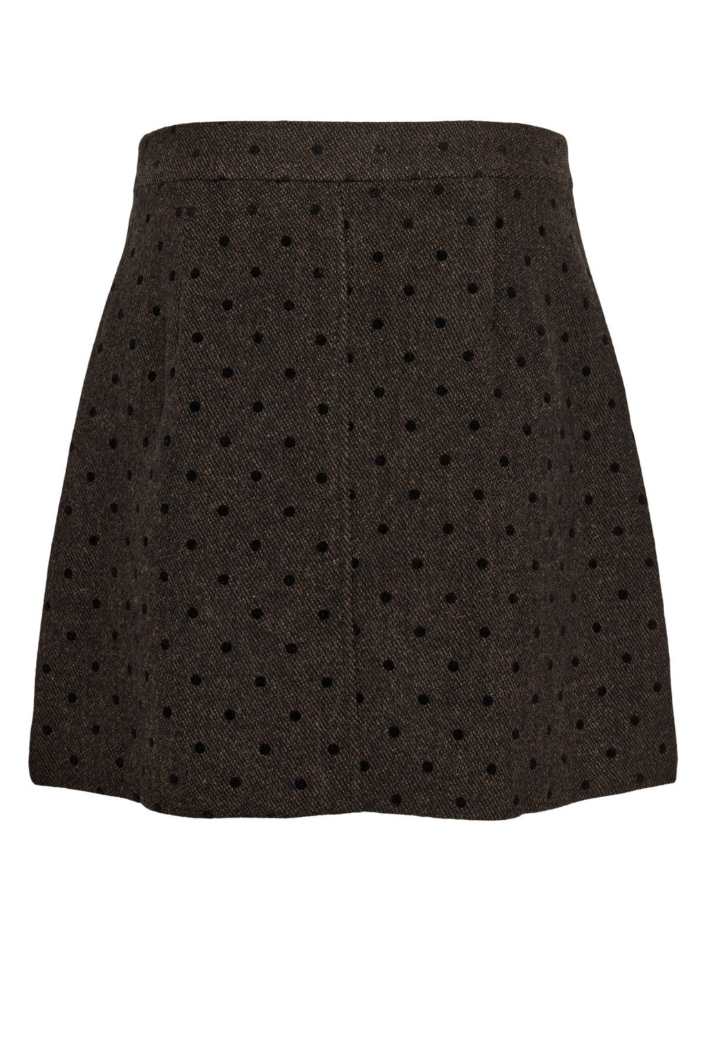 Shop the Nümph NUAMIA Skirt in Black Coffee at Dotique. A chocolate brown A-line mini skirt with black polka dots and a wool blend finish.