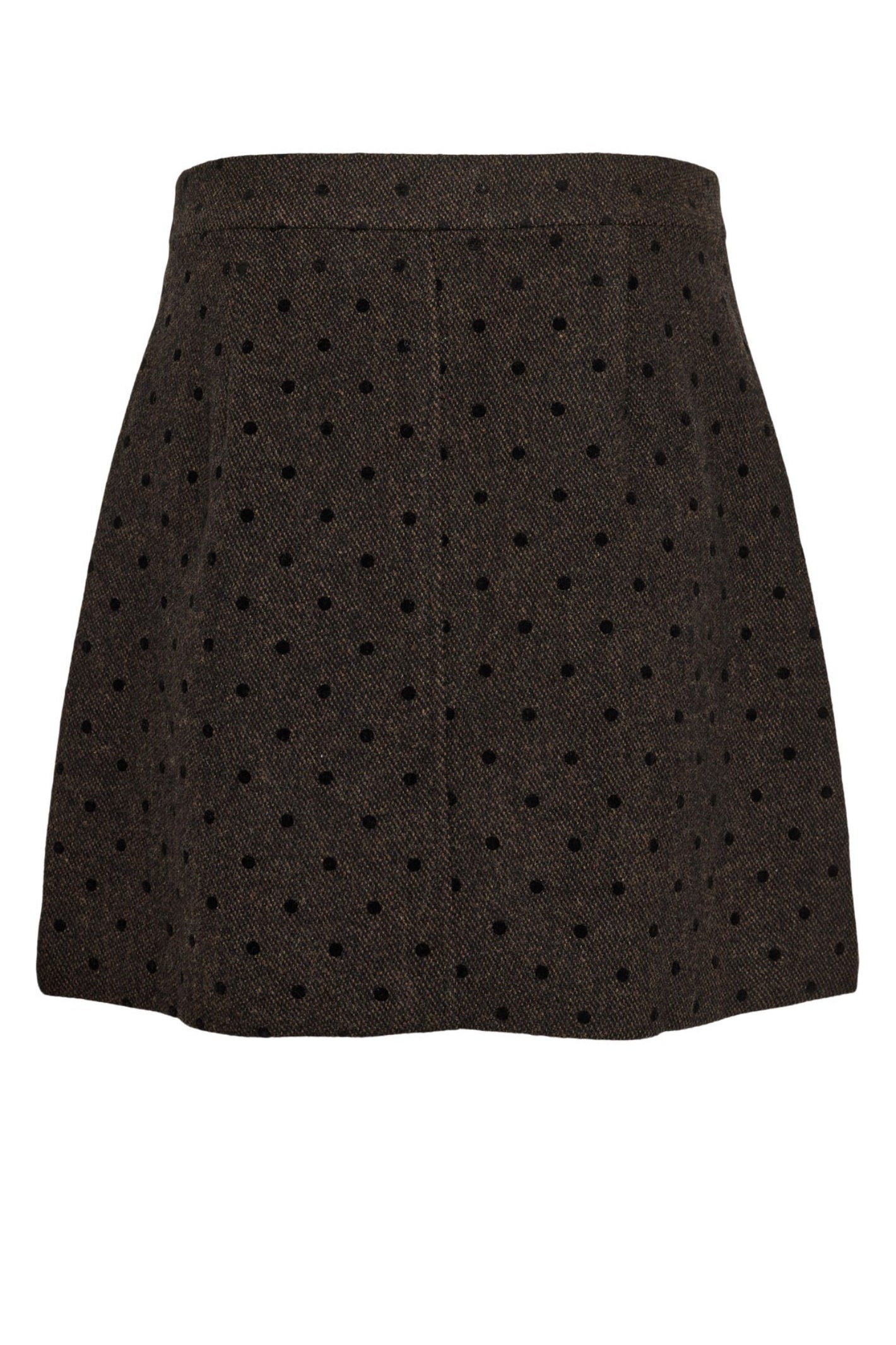 Shop the Nümph NUAMIA Skirt in Black Coffee at Dotique. A chocolate brown A-line mini skirt with black polka dots and a wool blend finish.