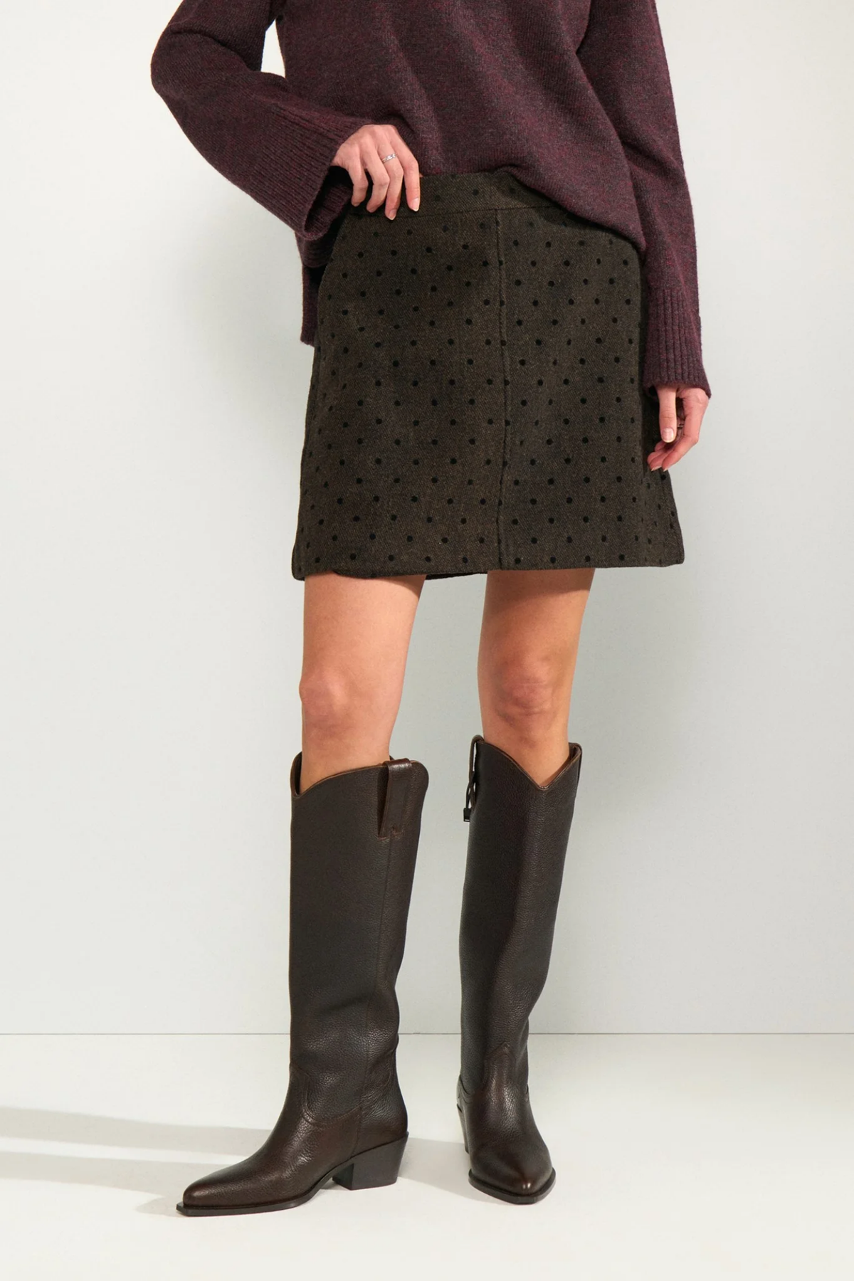 Numph 707271 Nuamia Skirt Black Coffee by Numph textured mini skirt with knee high boots Shop Numph at Dotique
