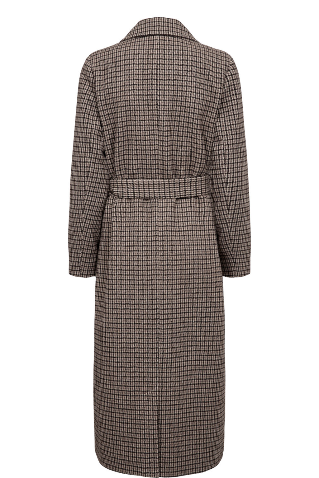 Shop the Nümph NUELANA Coat in Black Coffee at Dotique. A long checked wool-blend coat with a tie waist, perfect for autumn and winter layering.