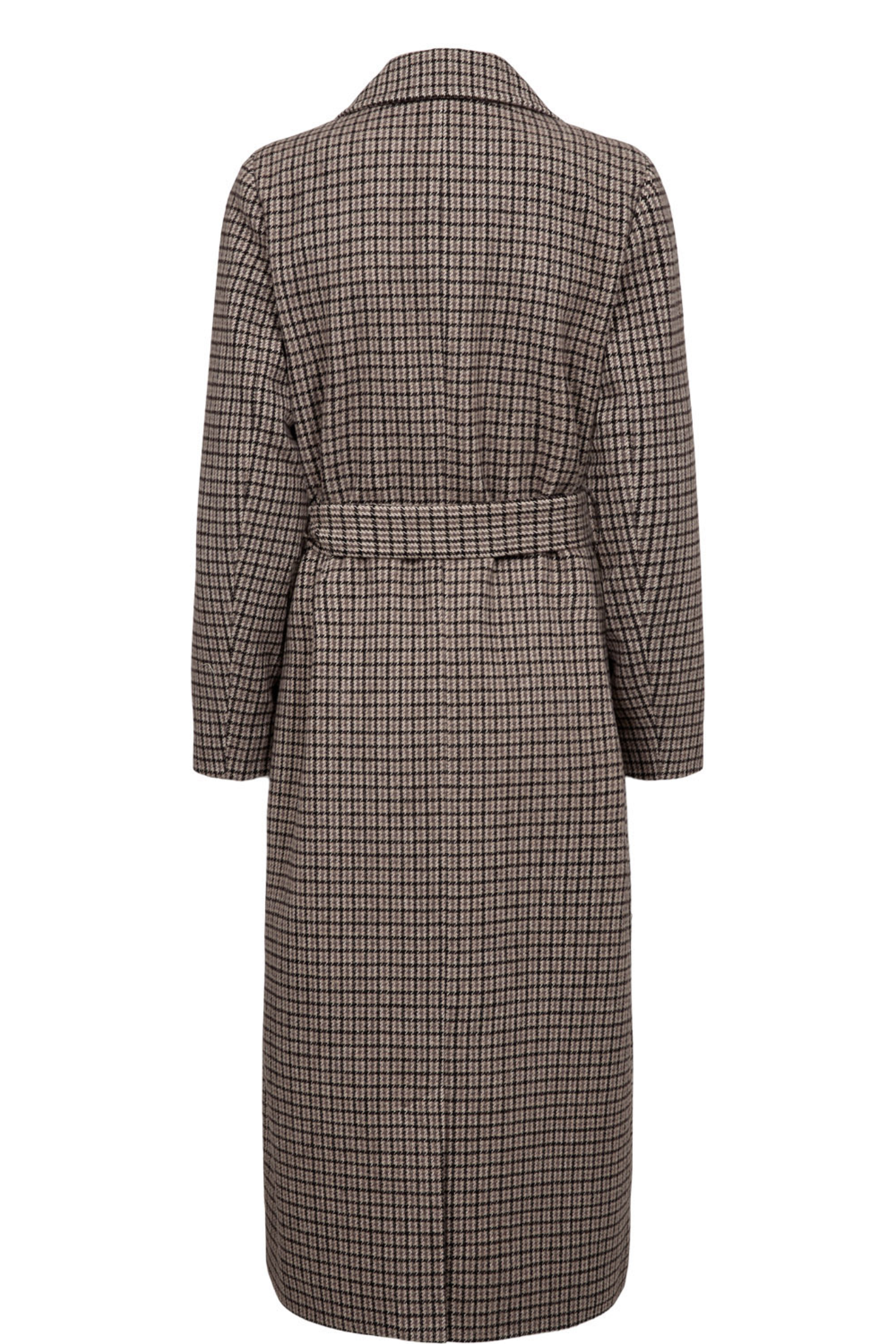 Shop the Nümph NUELANA Coat in Black Coffee at Dotique. A long checked wool-blend coat with a tie waist, perfect for autumn and winter layering.