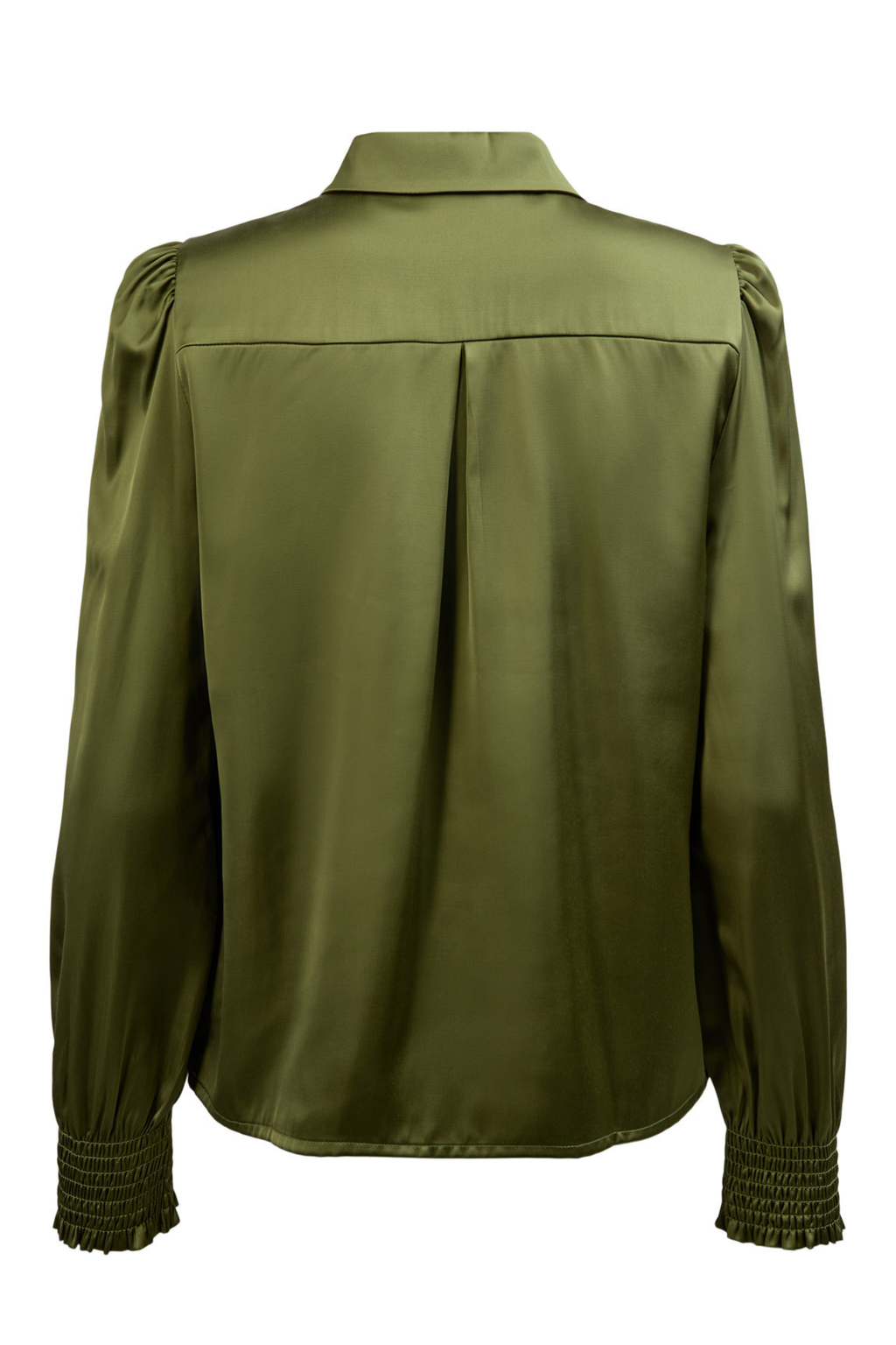 Shop the Nümph Nusitas Shirt in Calla Green at Dotique. A satin-look green shirt with an open collar, button front and feminine shirred cuffs.
