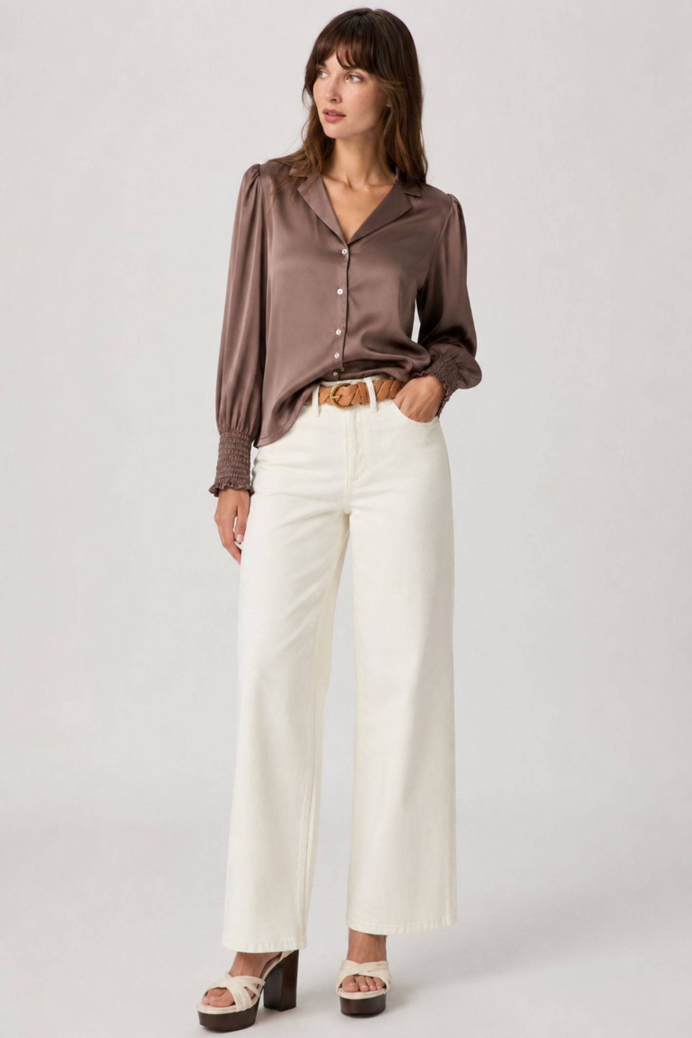 Shop the Nümph NUSITAS Shirt in Deep Taupe at Dotique. A satin-look button-through shirt with an open collar, shaped sleeves and shirred cuffs.