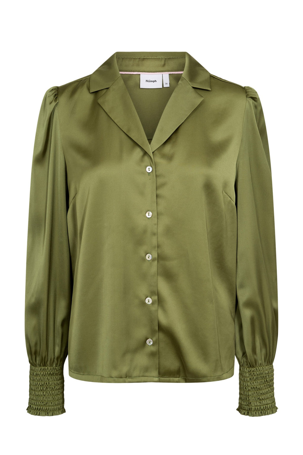 Shop the Nümph Nusitas Shirt in Calla Green at Dotique. A satin-look green shirt with an open collar, button front and feminine shirred cuffs.