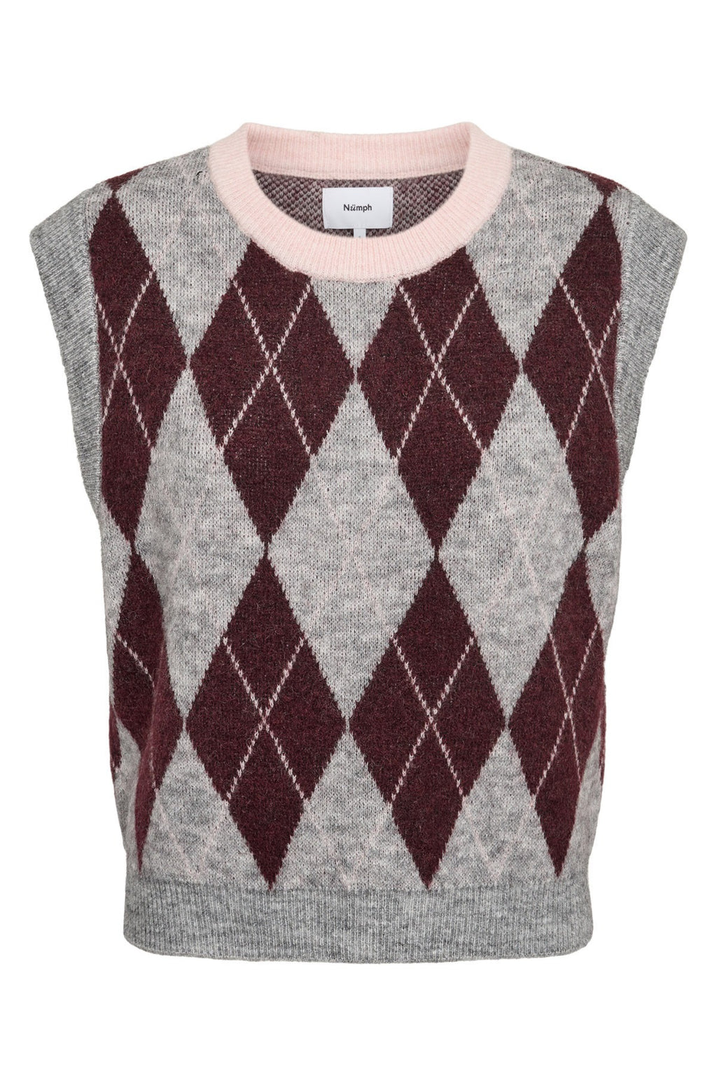 Shop the Nümph NUTIKLA Vest in Medium Grey Melange at Dotique. A wool blend argyle knitted vest in grey and burgundy with a contrasting pink neckline.
