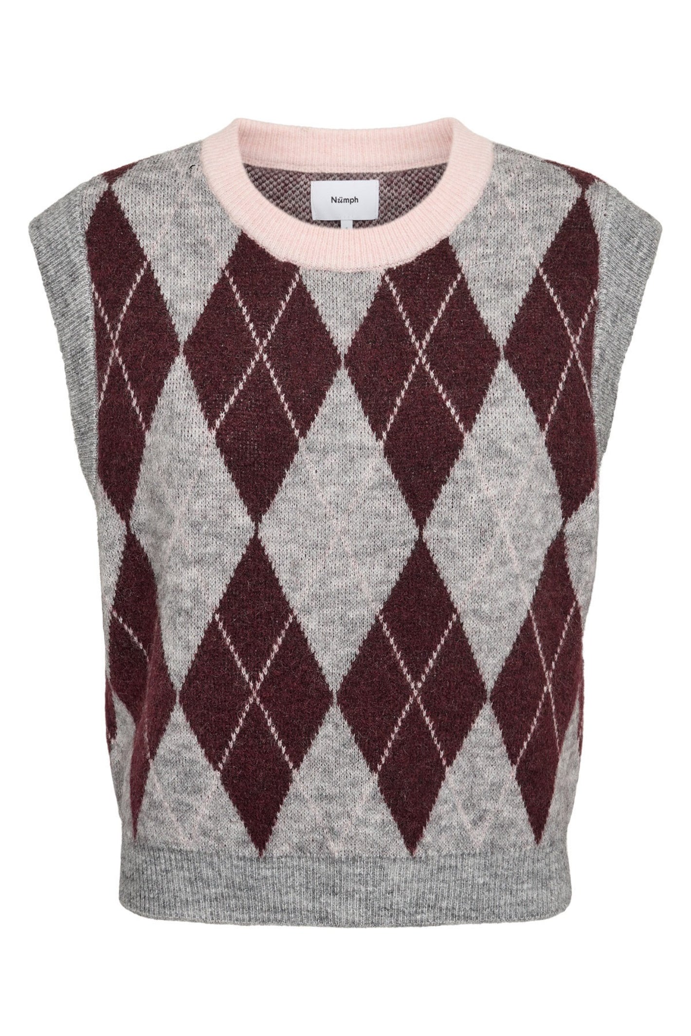 Shop the Nümph NUTIKLA Vest in Medium Grey Melange at Dotique. A wool blend argyle knitted vest in grey and burgundy with a contrasting pink neckline.