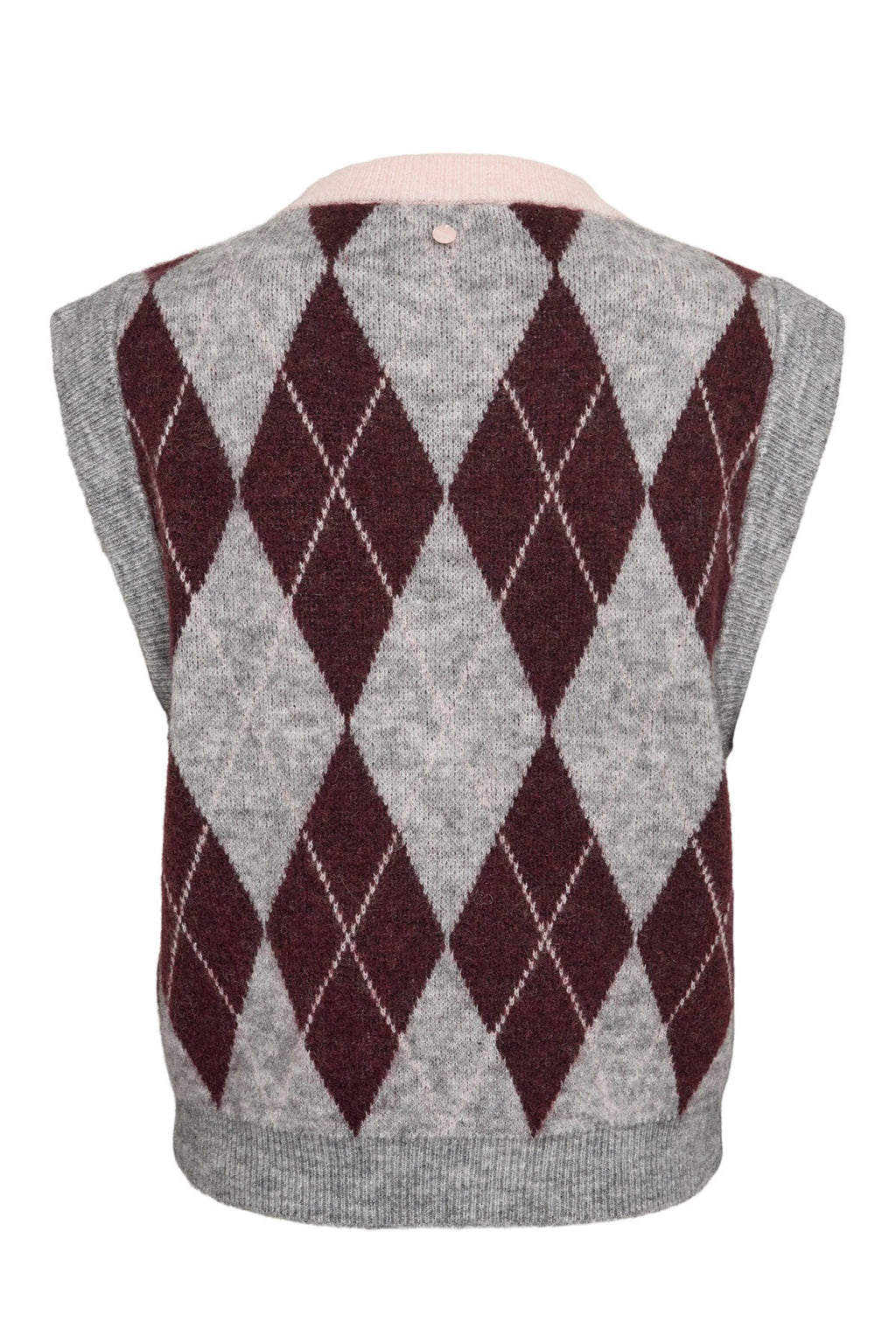 Shop the Nümph NUTIKLA Vest in Medium Grey Melange at Dotique. A wool blend argyle knitted vest in grey and burgundy with a contrasting pink neckline.