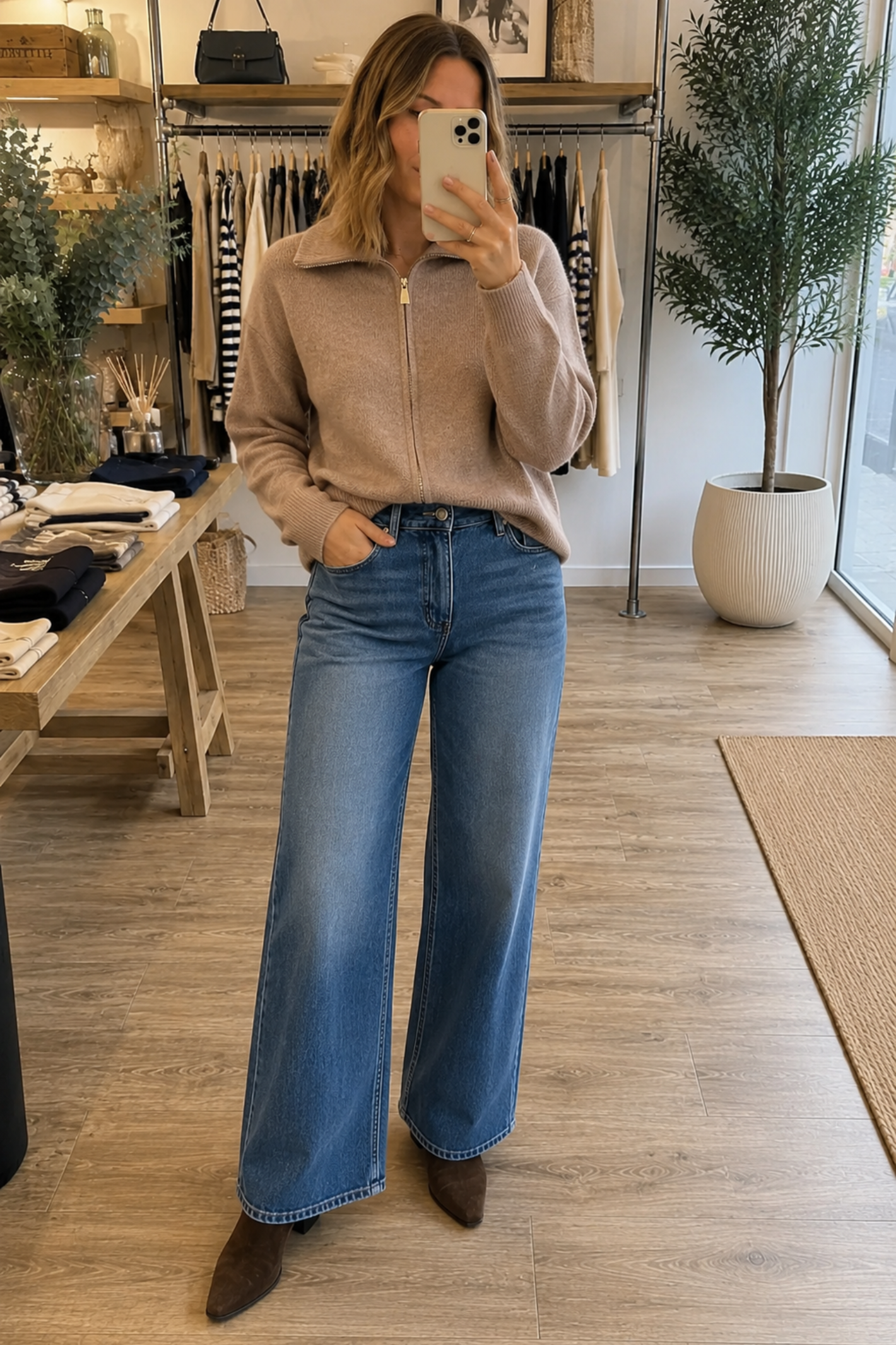 Model wearing a beige zip-collar knitted cardigan with blue wide-leg jeans in a boutique, styled by Dotique.