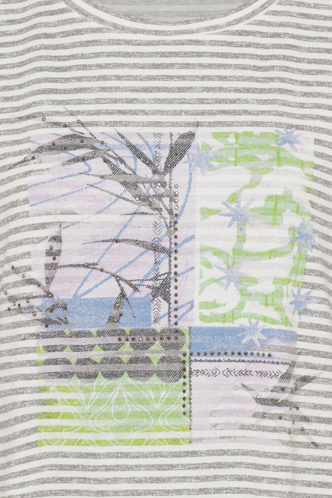 Olsen 11104725 Silver Grey Striped Motif Print Three-Quarter Sleeve Top - Dotique