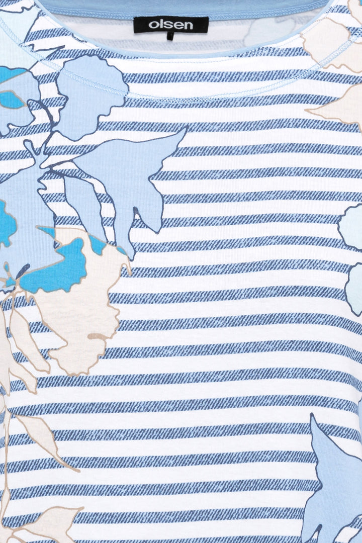 Olsen 11104754 Ciel Blue Striped Flower Print Three-Quarter Sleeve Top - Dotique Chesterfield