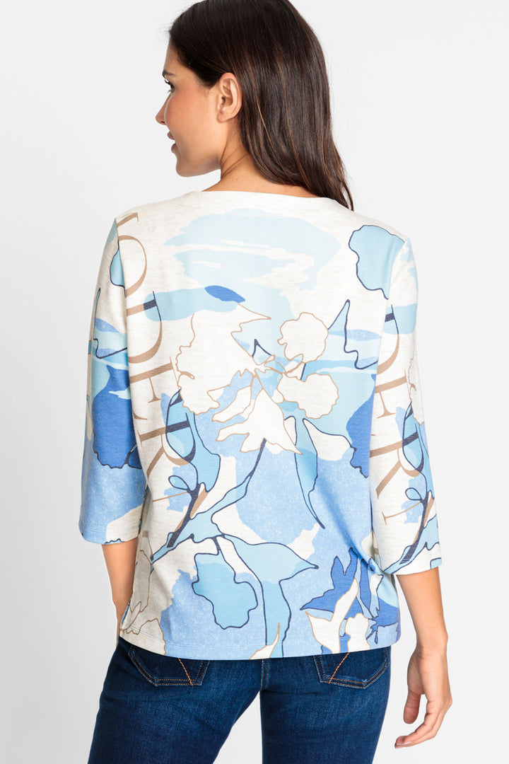 Olsen 11201565 Ciel Blue Abstract Print Three-Quarter Sleeve Sweatshirt - Dotique Chesterfield