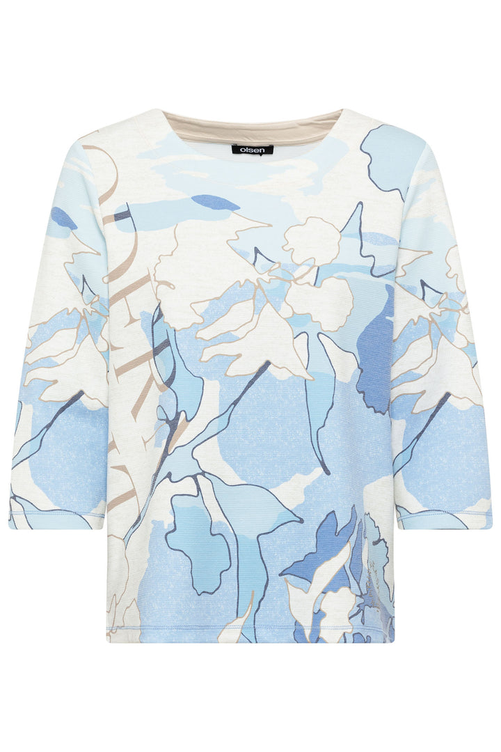 Olsen 11201565 Ciel Blue Abstract Print Three-Quarter Sleeve Sweatshirt - Dotique Chesterfield