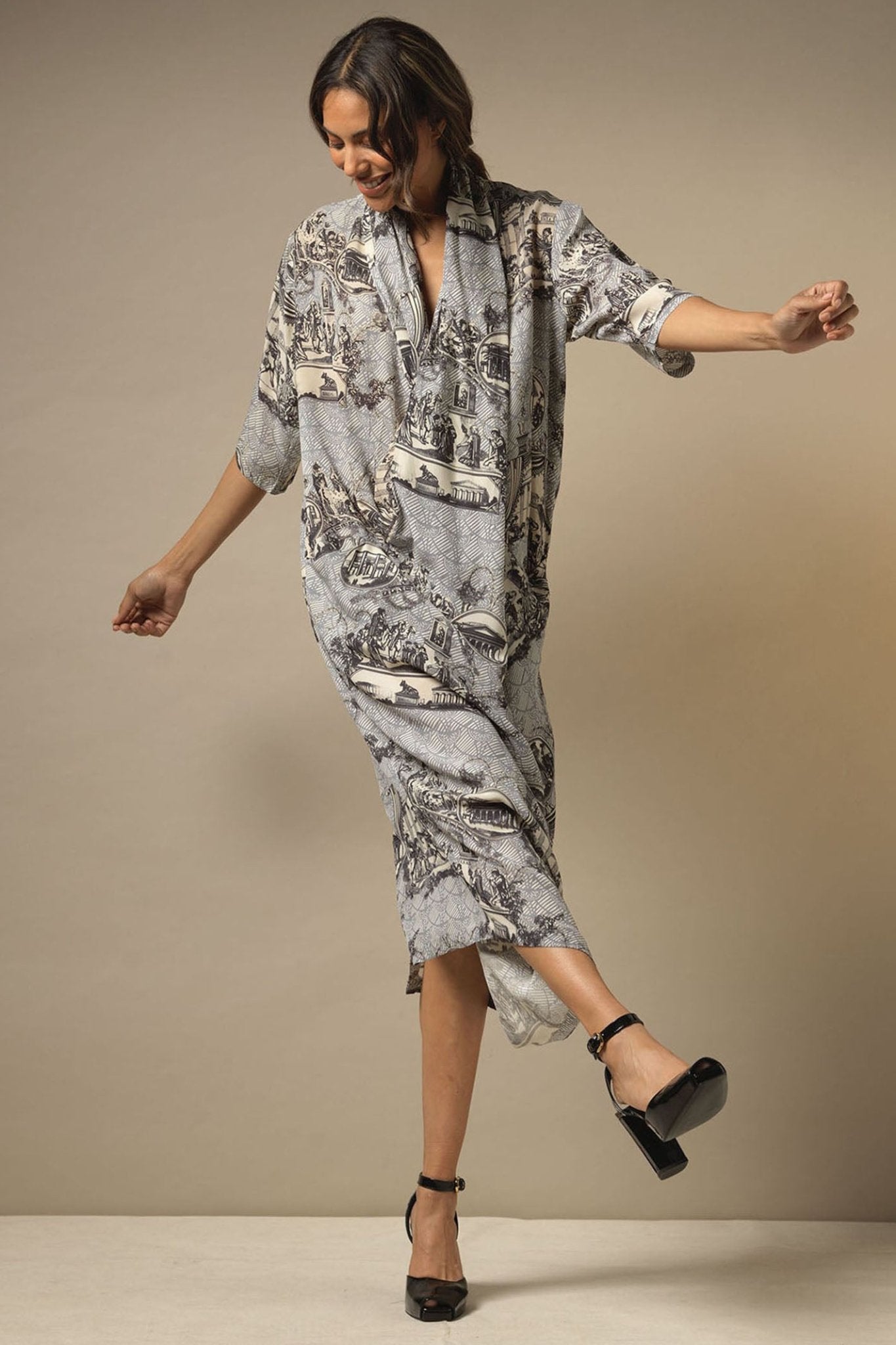 One Hundred Stars Ancient Columns Charcoal Rachel Dress - Dotique Chesterfield