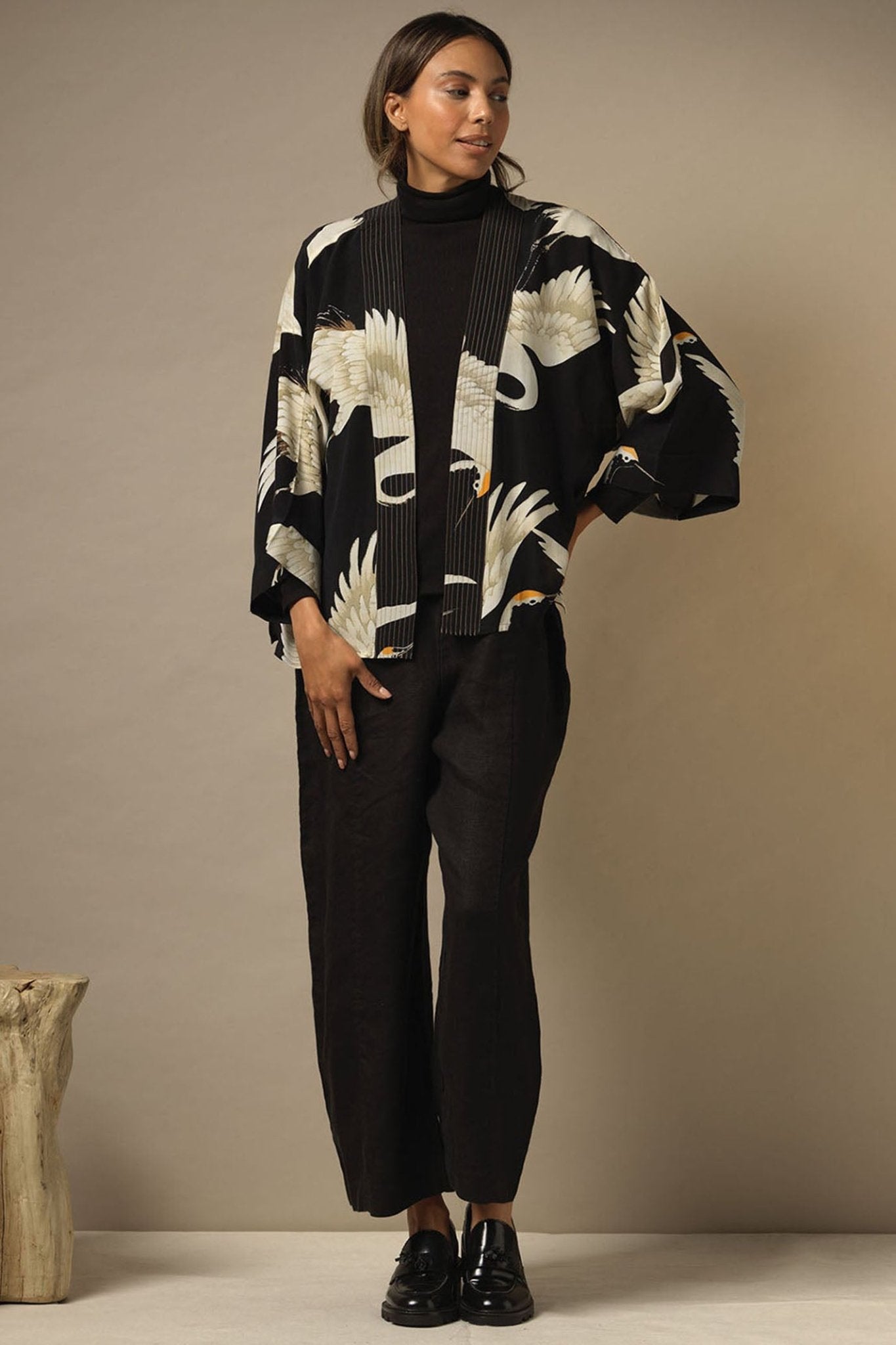 One Hundred Stars Black Stork Crepe Kimono CKIMSTBLK - Dotique Chesterfield