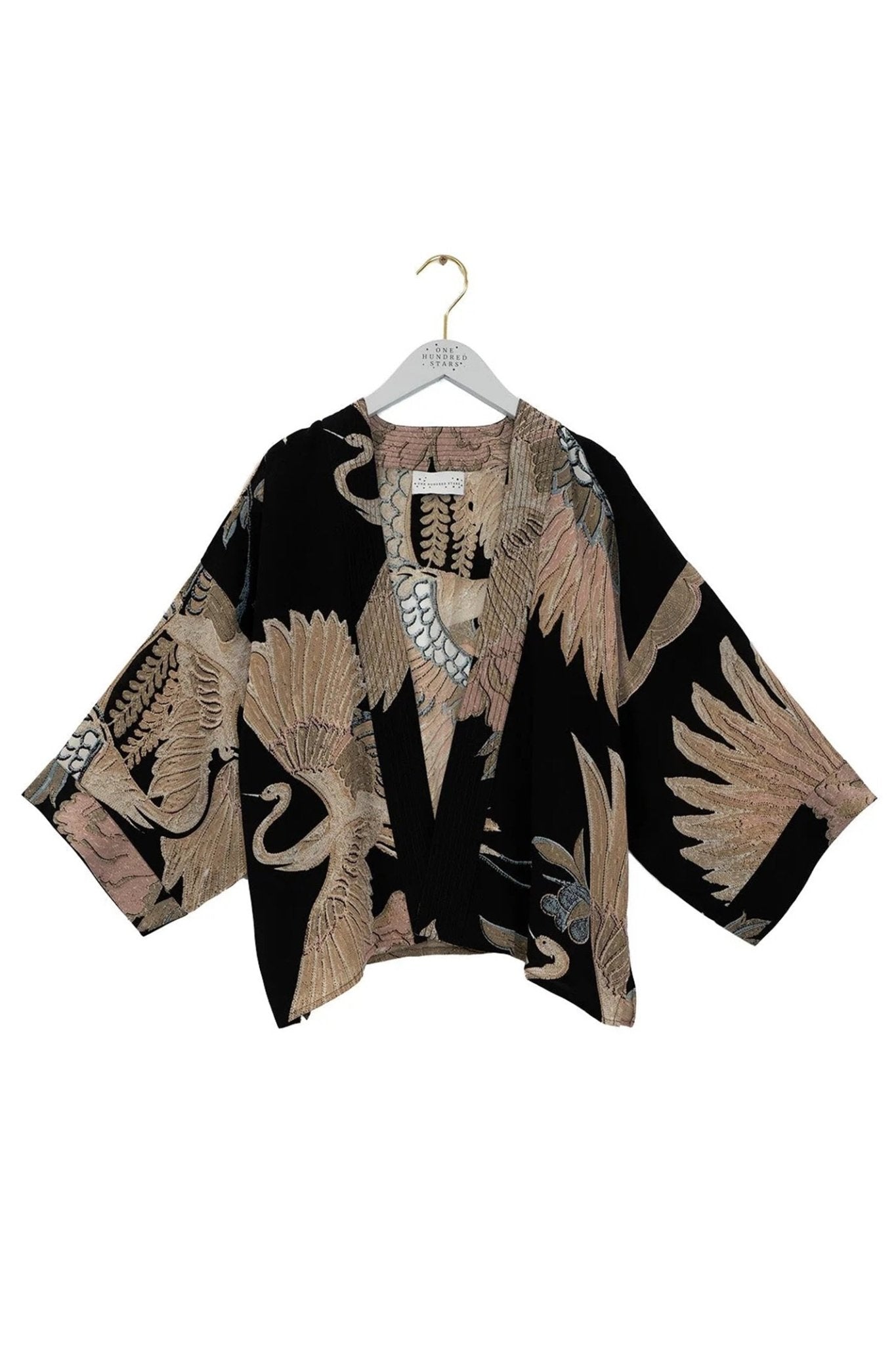 One Hundred Stars CKMCRABLK Crane Black Crepe Kimono - Dotique - One Hundred Stars