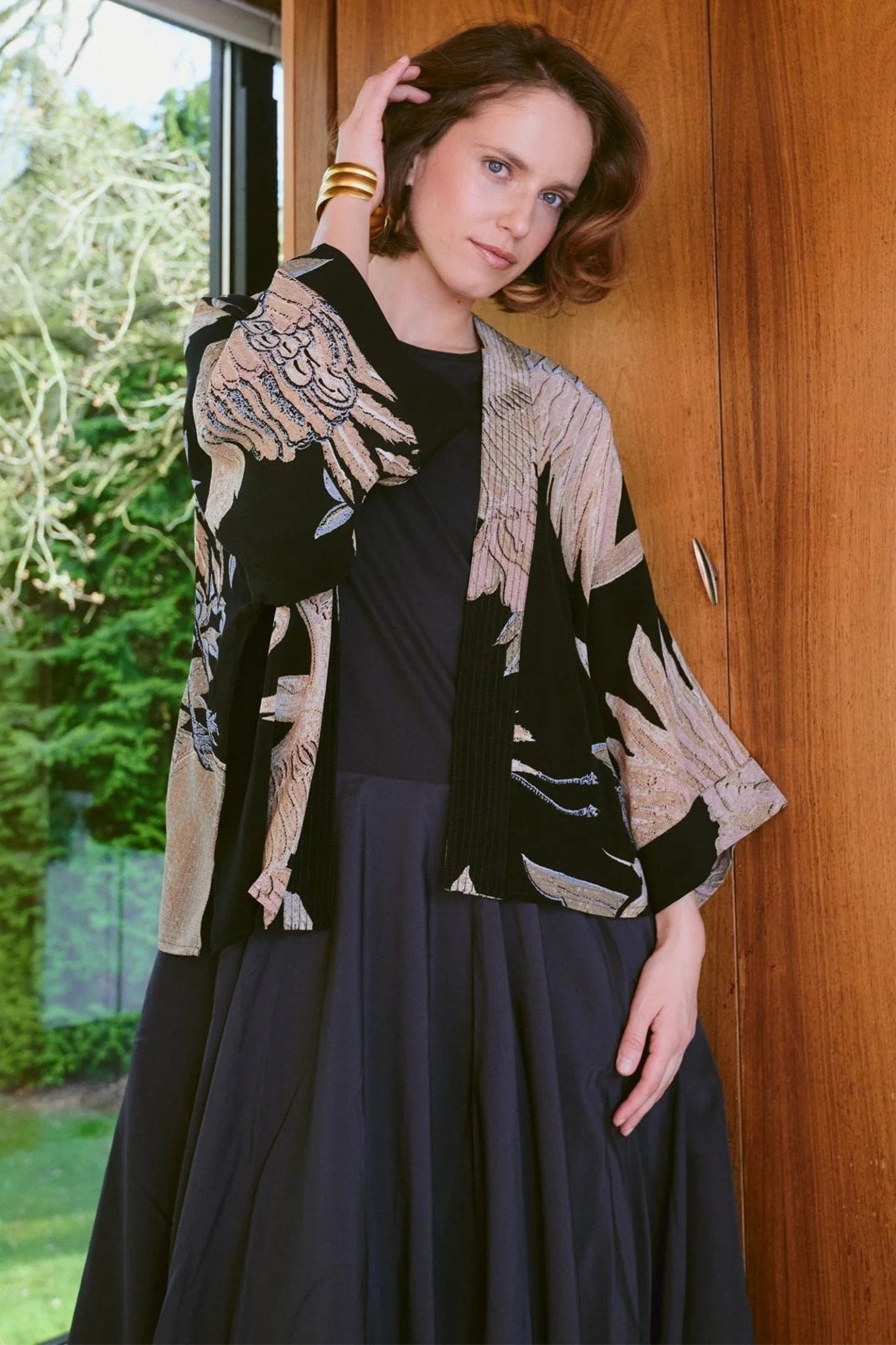 One Hundred Stars CKMCRABLK Crane Black Crepe Kimono - Dotique - One Hundred Stars