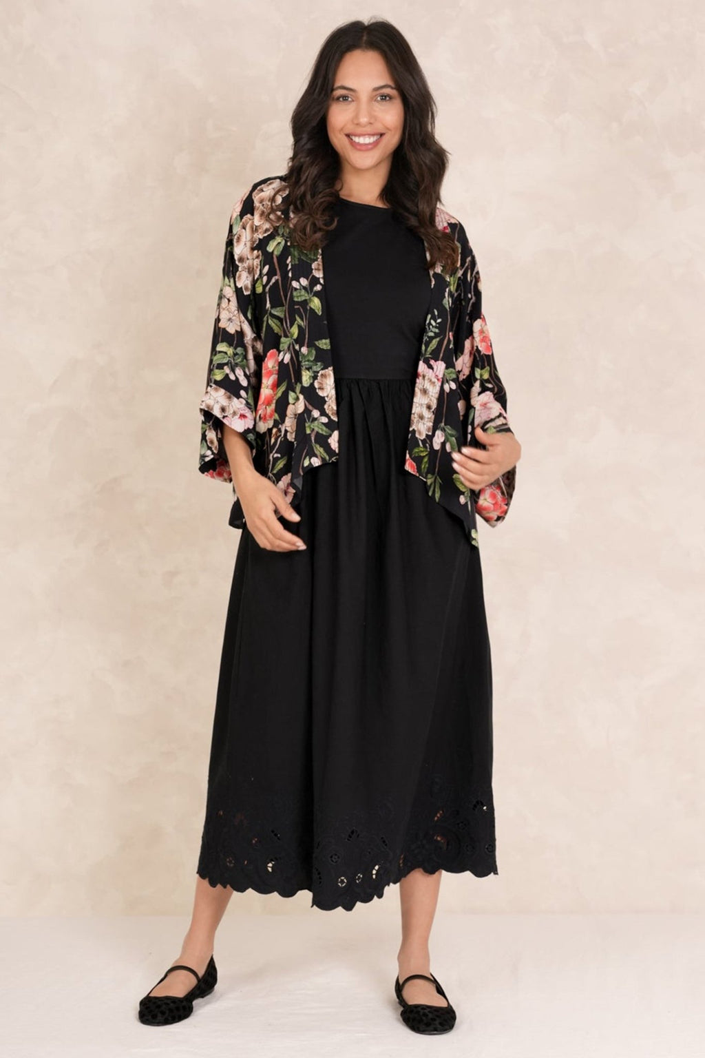 One Hundred Stars CKMTRABLK Trailing Blossom Black Crepe Kimono - Dotique