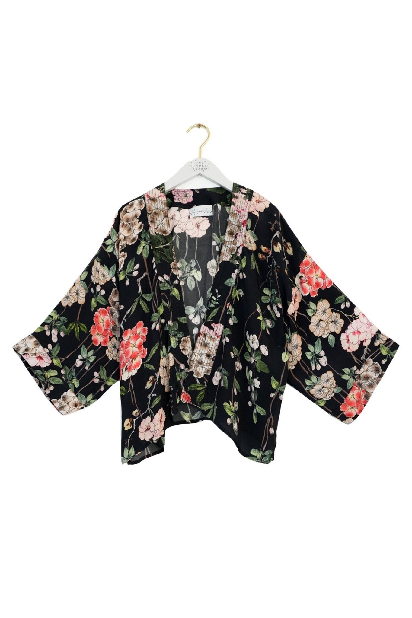 One Hundred Stars CKMTRABLK Trailing Blossom Black Crepe Kimono - Dotique