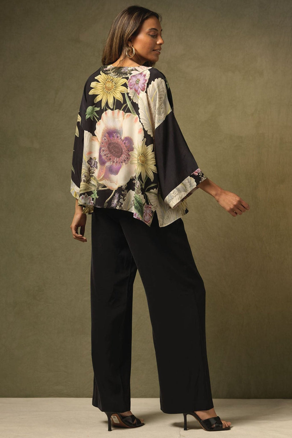 One Hundred Stars Daisy Black Crepe Kimono CKMDAIBLK - Dotique Chesterfield