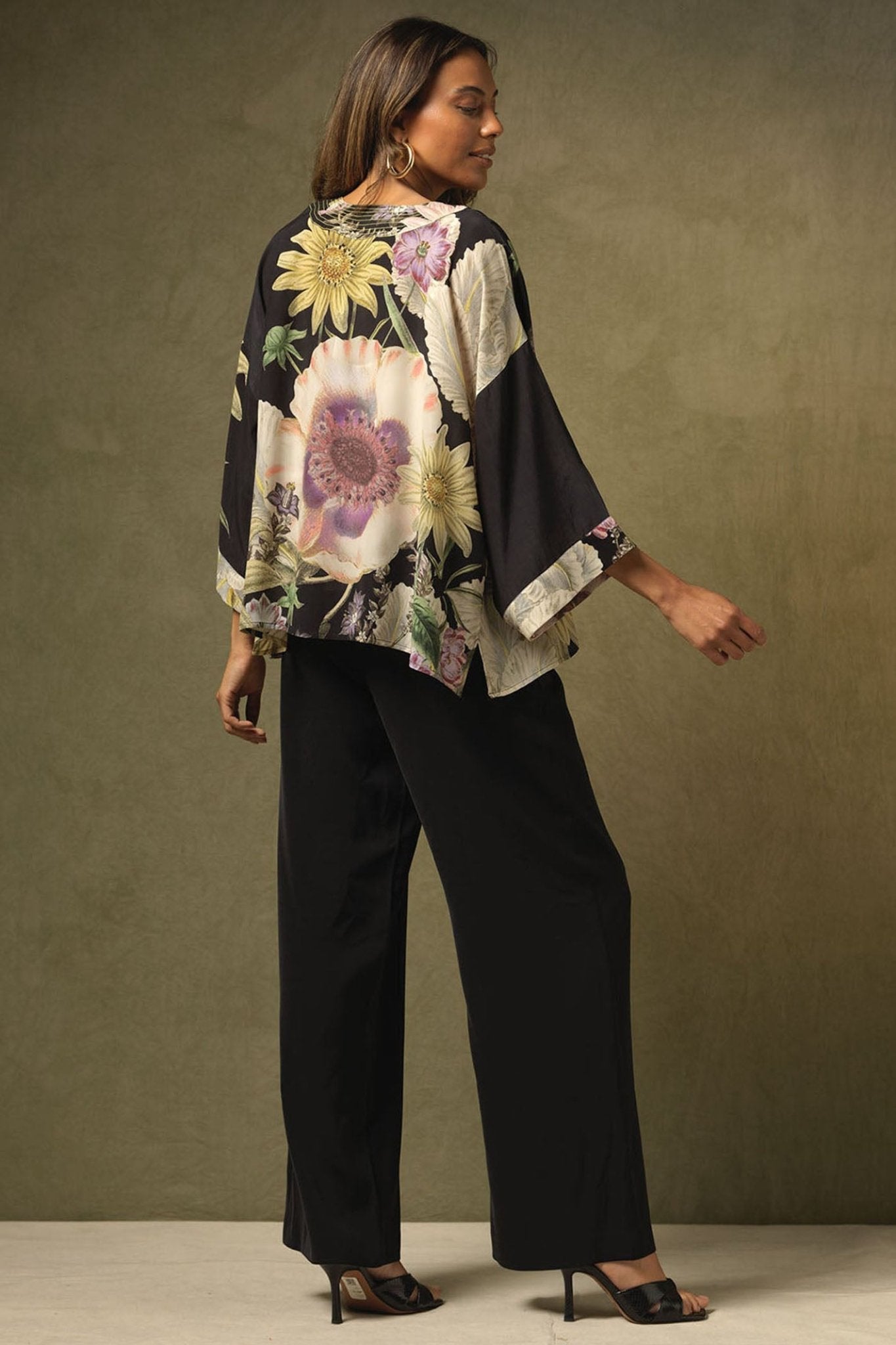 One Hundred Stars Daisy Black Crepe Kimono CKMDAIBLK - Dotique Chesterfield