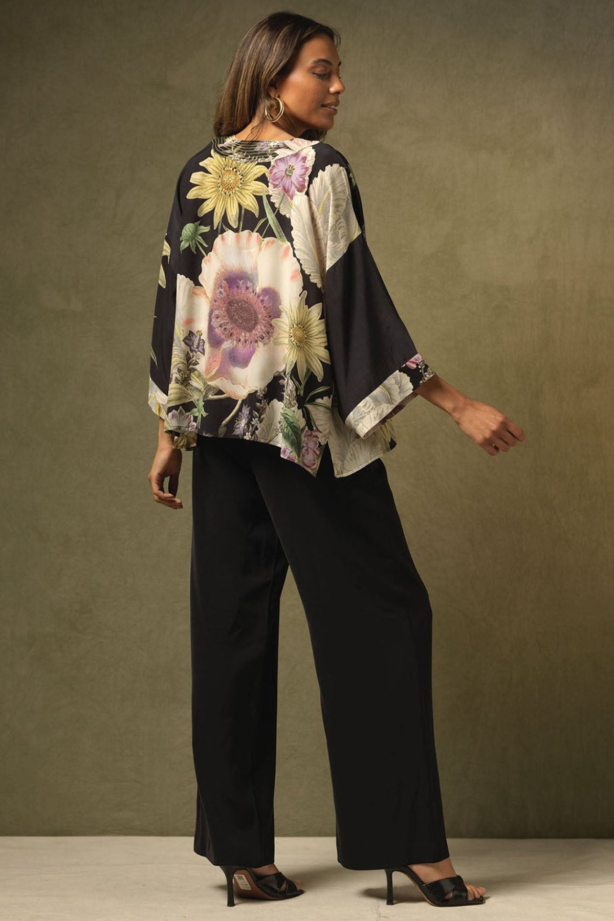 One Hundred Stars Daisy Black Crepe Kimono CKMDAIBLK - Dotique Chesterfield