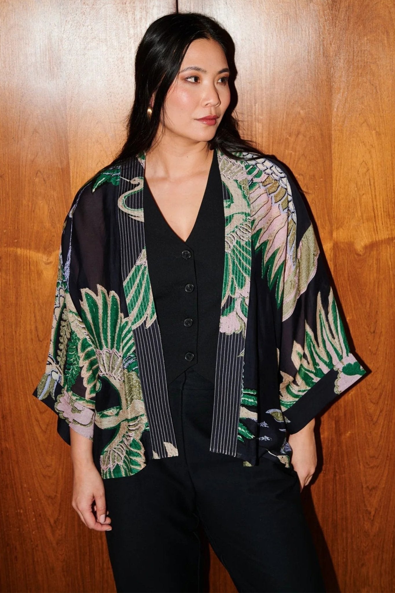 One Hundred Stars KIMCRAEML Crane Emerald Kimono - Dotique - One Hundred Stars