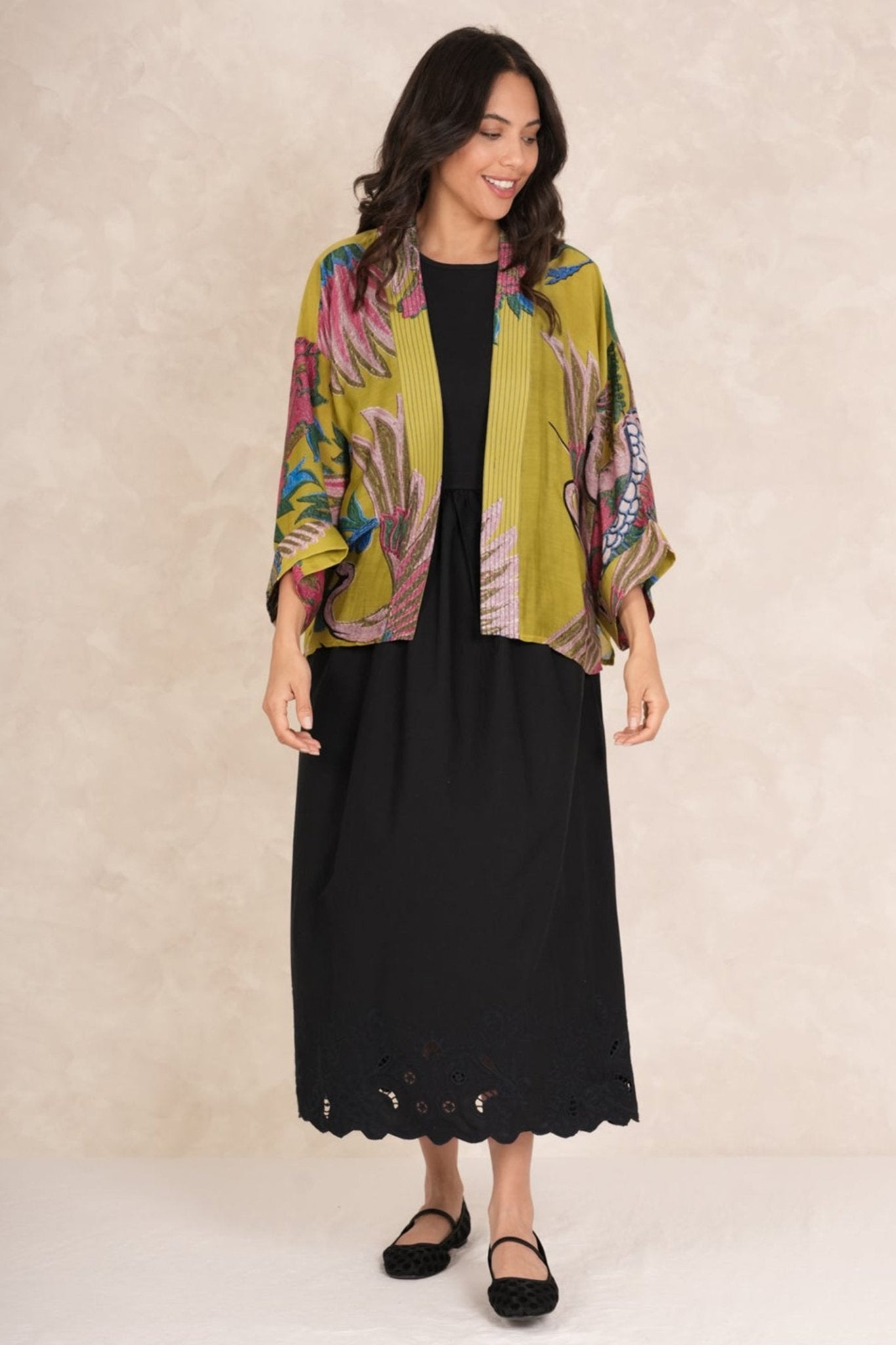One Hundred Stars KIMCRAOLI - 1 Crane Olive Kimono - Dotique