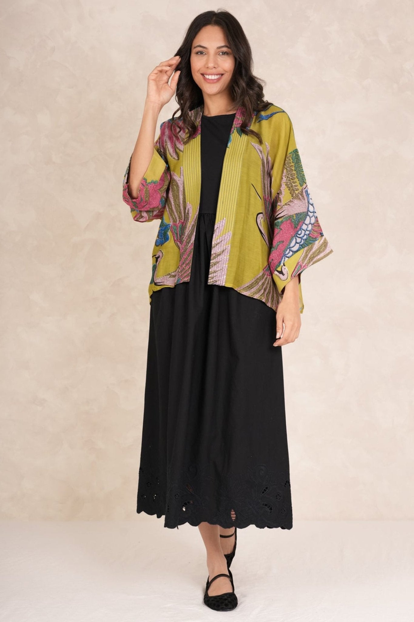 One Hundred Stars KIMCRAOLI - 1 Crane Olive Kimono - Dotique
