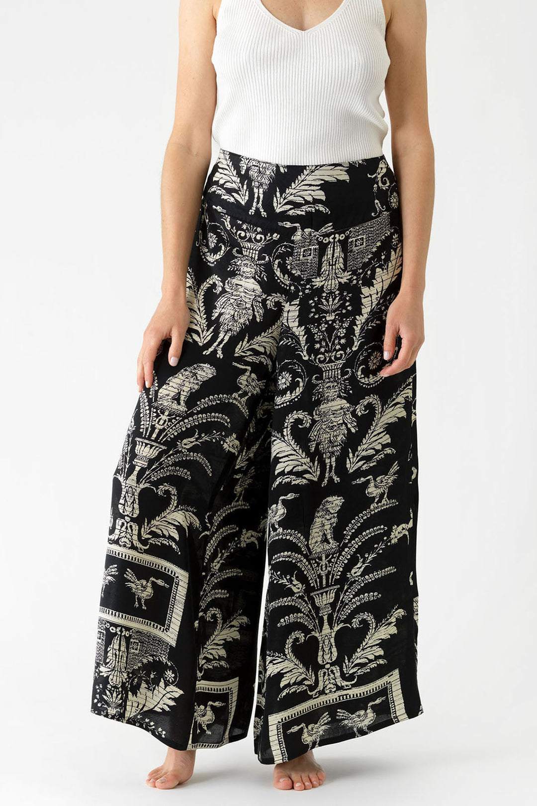 One Hundred Stars PPADAMBLK Black Vintage Damask Palazzo Pant Trousers - Dotique Chesterfield