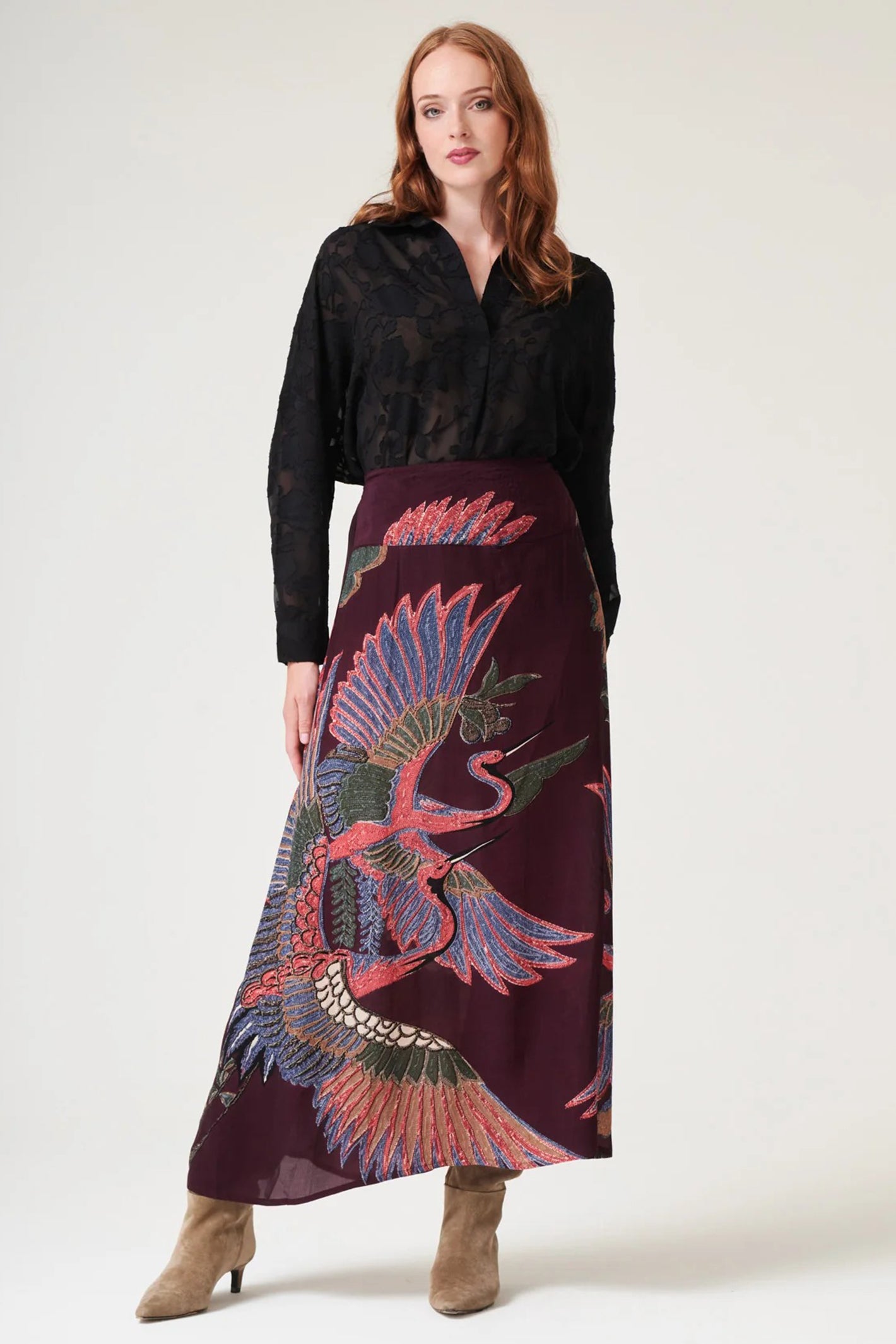 One Hundred Stars SKICRAPLU Crane Plum A-Line Maxi Skirt