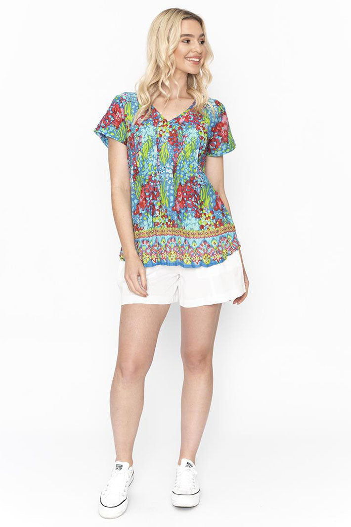 One Summer Kayla Cotton Blouse DW24E Print M Dw24e Blue Short Sleeve - Dotique