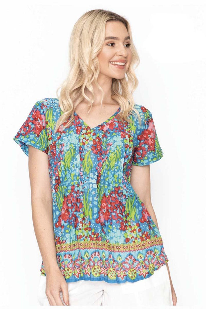 One Summer Kayla Cotton Blouse DW24E Print M Dw24e Blue Short Sleeve - Dotique