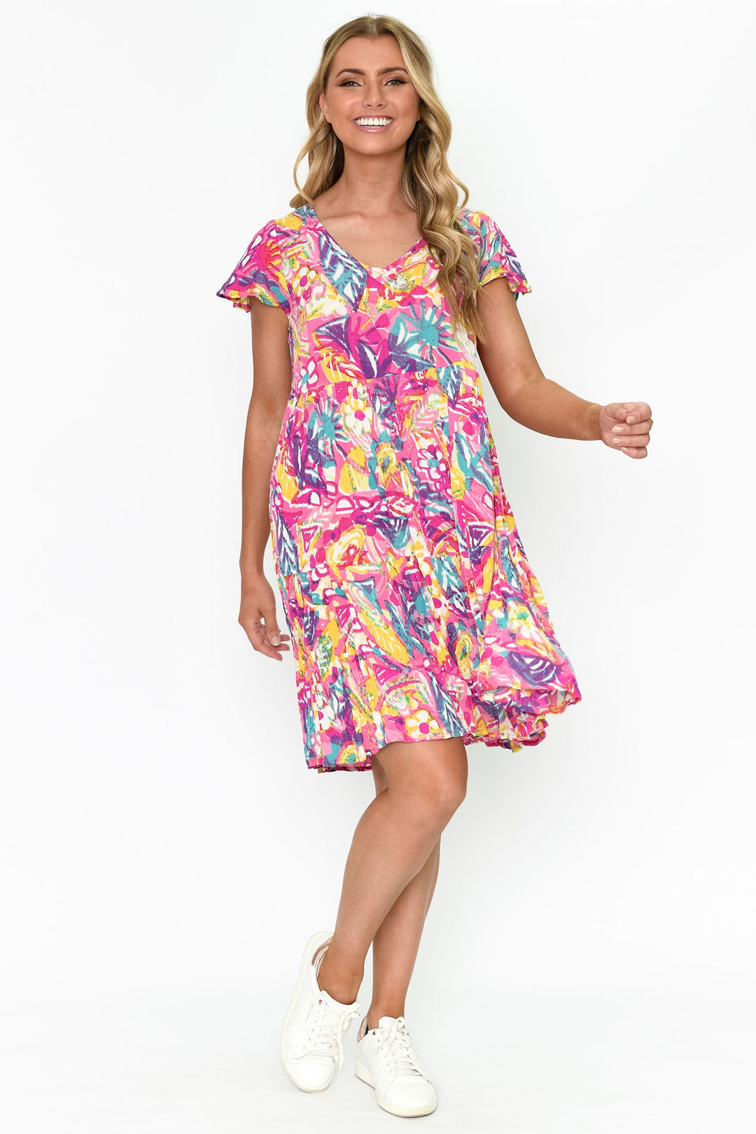 One Summer Kimberly V-Neck Dress DW71F Print 10 Pink Short Sleeve - Dotique