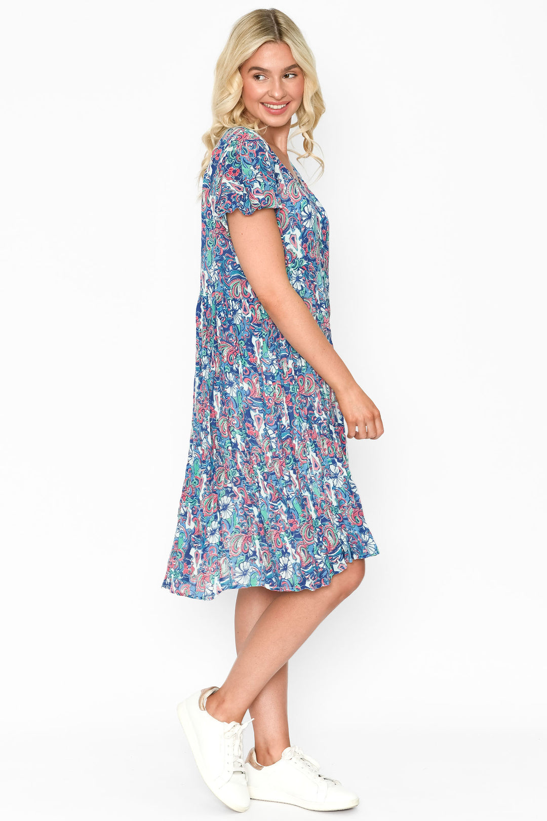 One Summer Kimberly V-Neck Dress DW71F Print 7 Blue Short Sleeve - Dotique