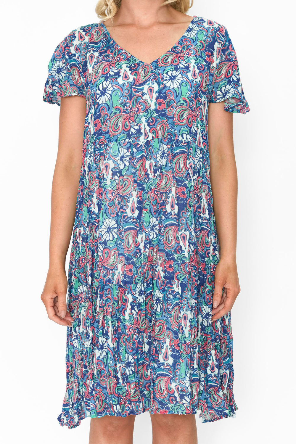 One Summer Kimberly V-Neck Dress DW71F Print 7 Blue Short Sleeve - Dotique