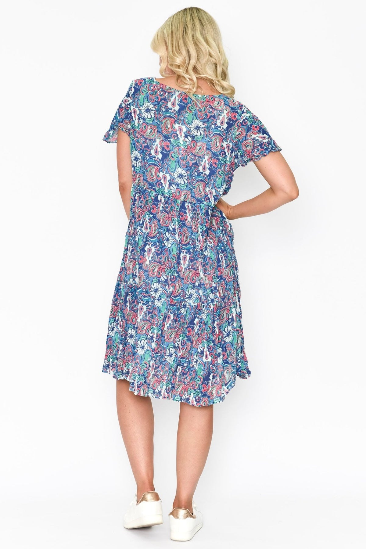 One Summer Kimberly V-Neck Dress DW71F Print 7 Blue Short Sleeve - Dotique