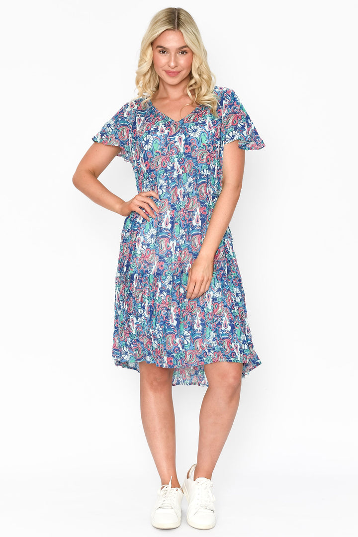 One Summer Kimberly V-Neck Dress DW71F Print 7 Blue Short Sleeve - Dotique