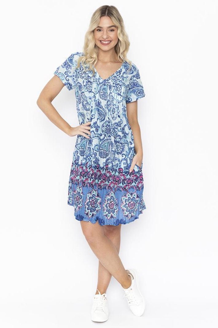 One Summer Nicola Dress DW26E Print F Blue Cap Sleeve - Dotique