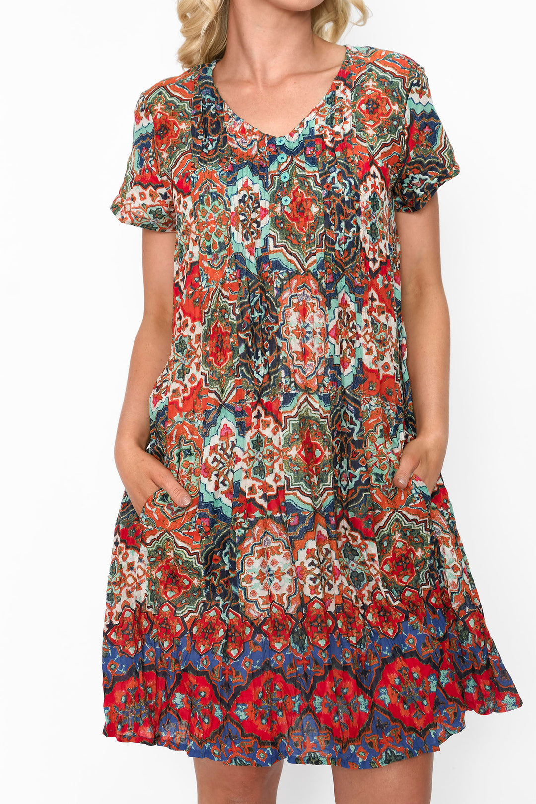 One Summer Nicola V-Neck Dress DW26F Print 8 Cap Sleeve - Dotique