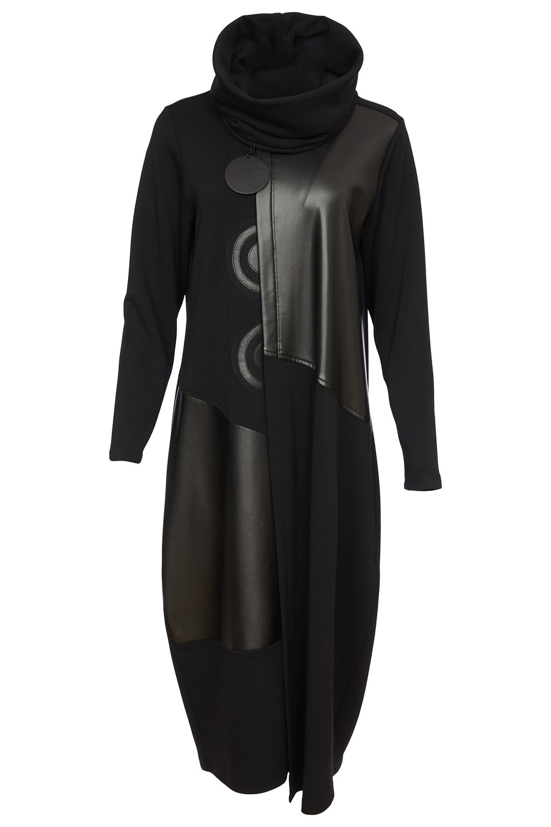 Ora 119 Black Long Sleeve Faux Leather Detail Dress With Snood - Dotique