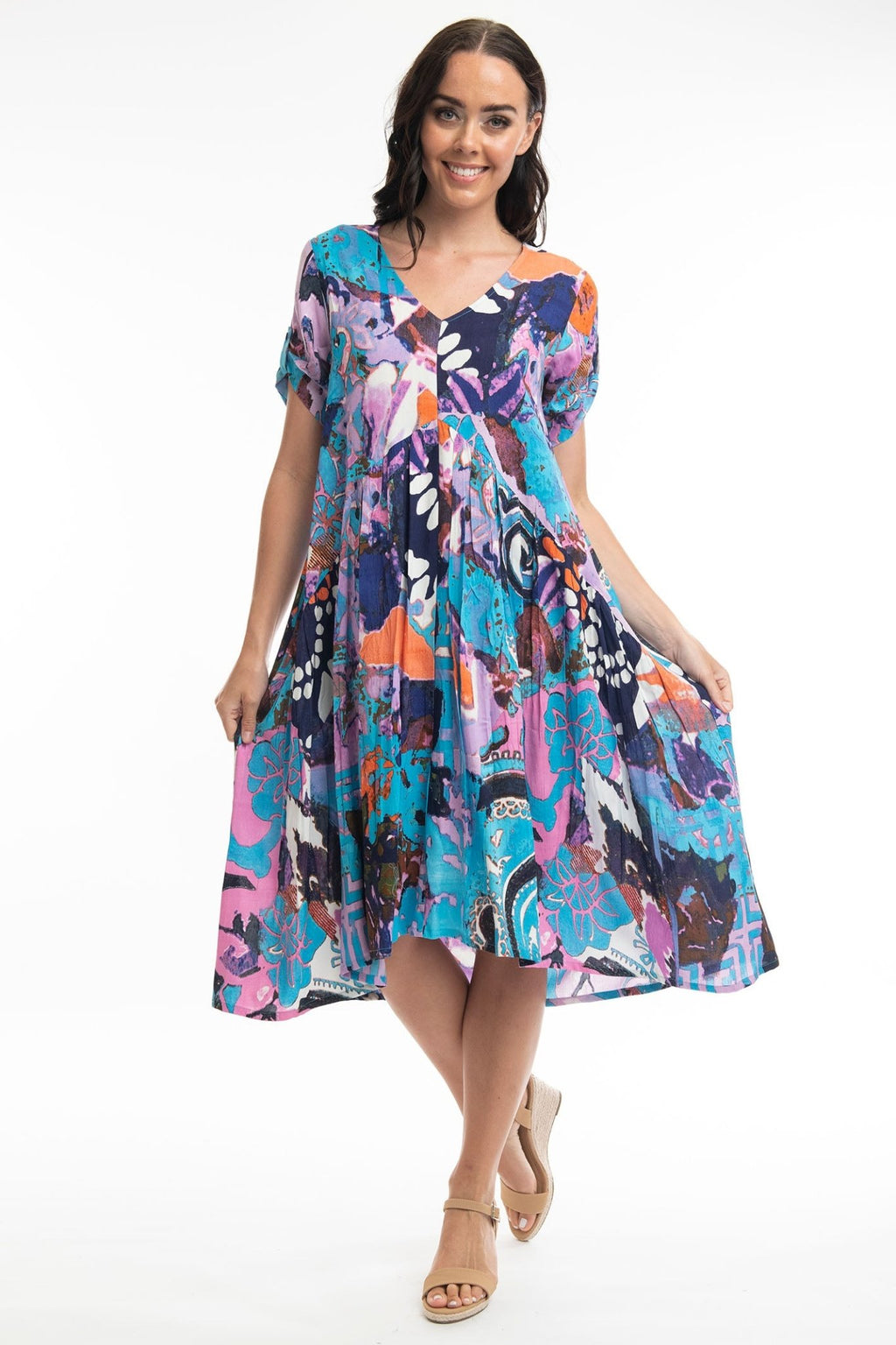 Orientique 21024 Peak Orient Blue V-Neck Cotton Dress - Dotique