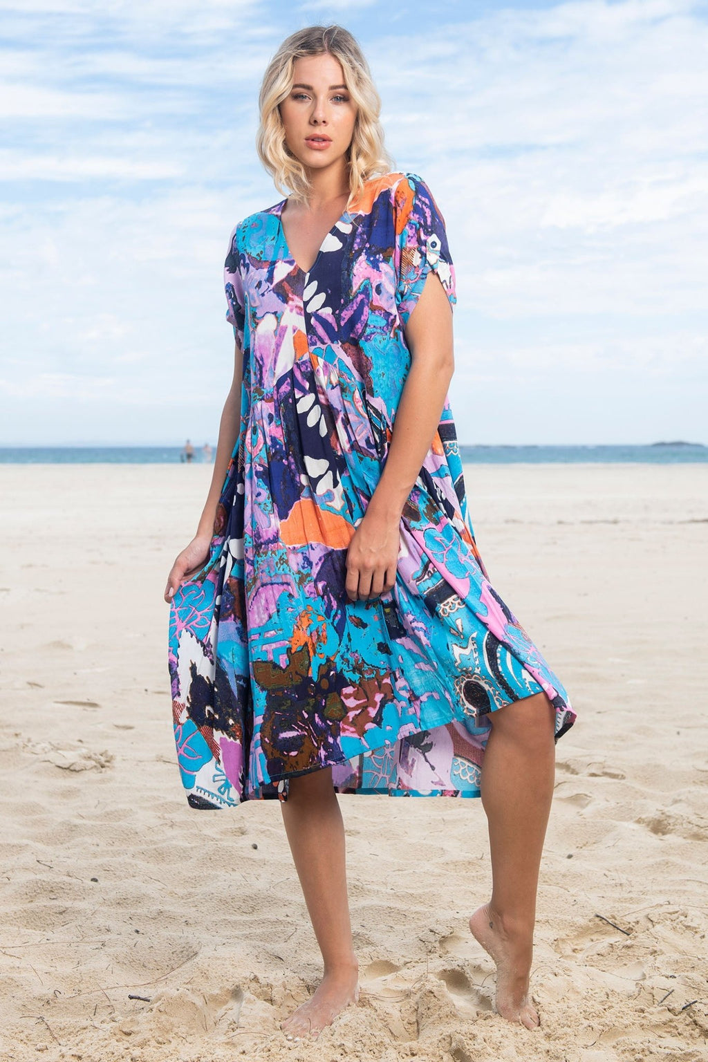 Orientique 21024 Peak Orient Blue V-Neck Cotton Dress - Dotique