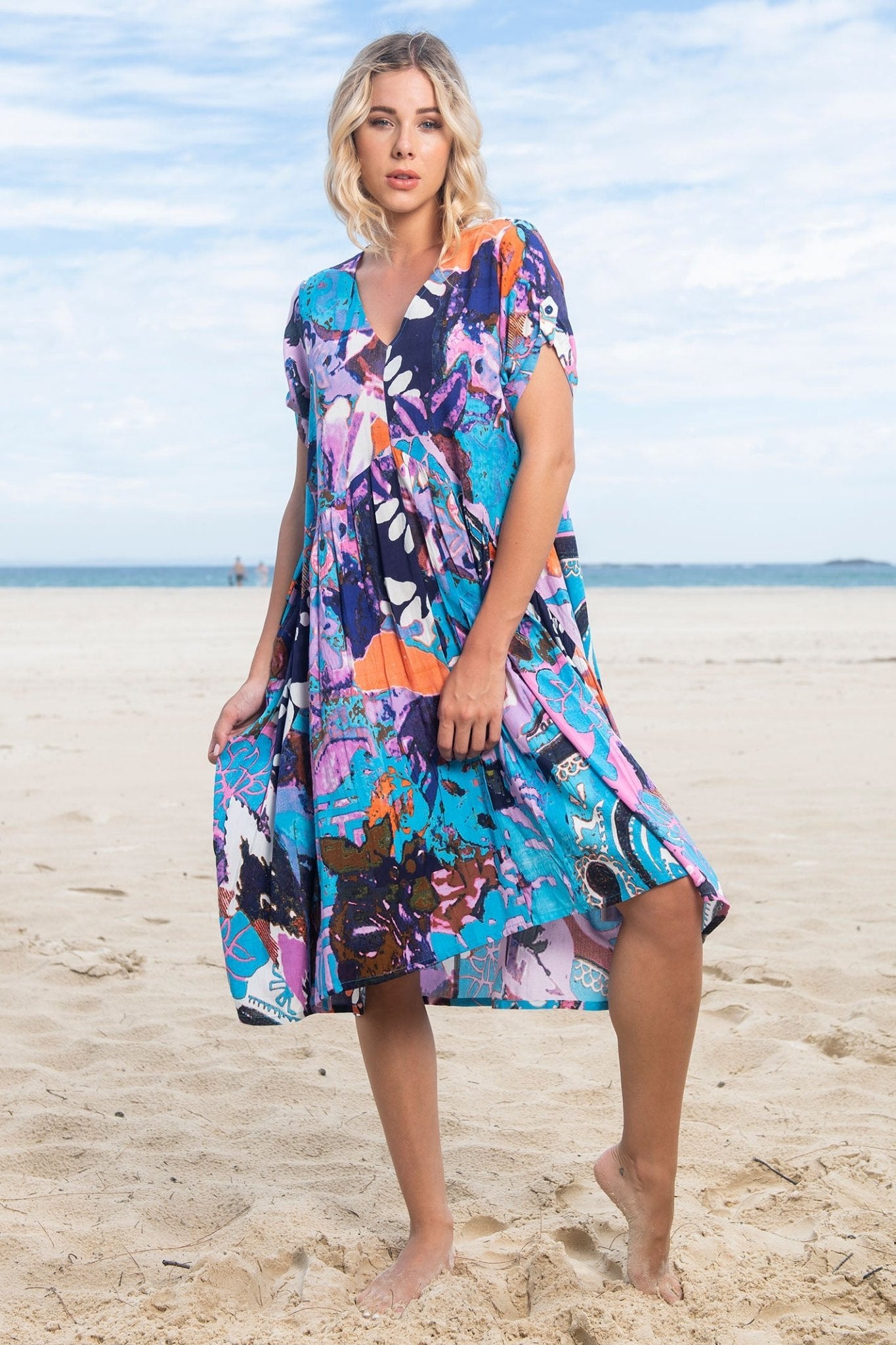 Orientique 21024 Peak Orient Blue V-Neck Cotton Dress - Dotique