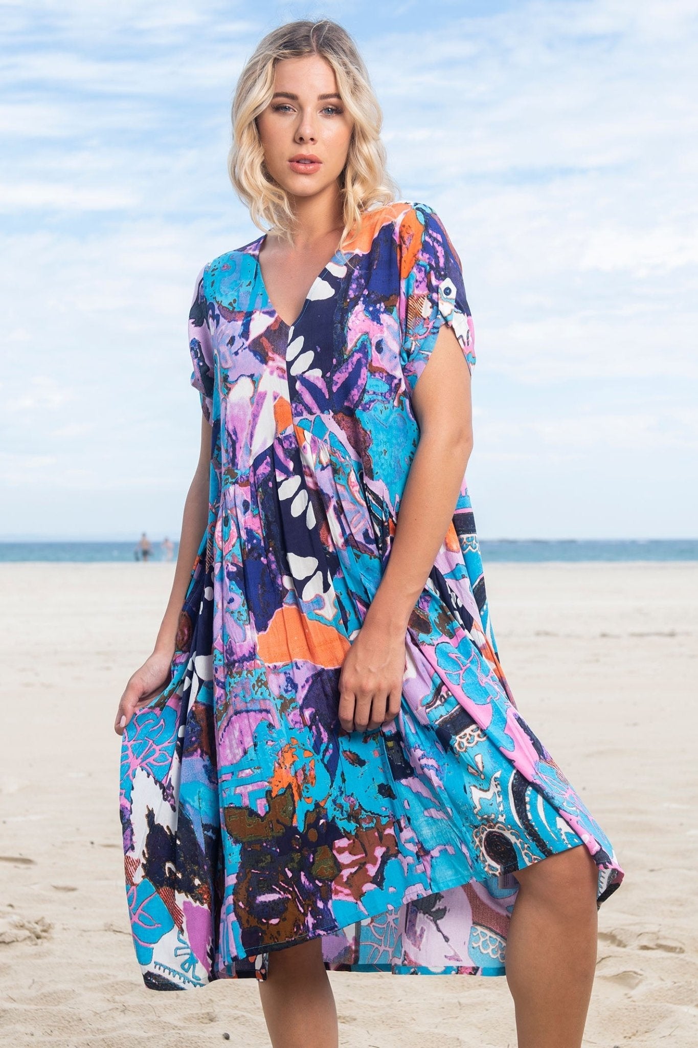 Orientique 21024 Peak Orient Blue V-Neck Cotton Dress - Dotique