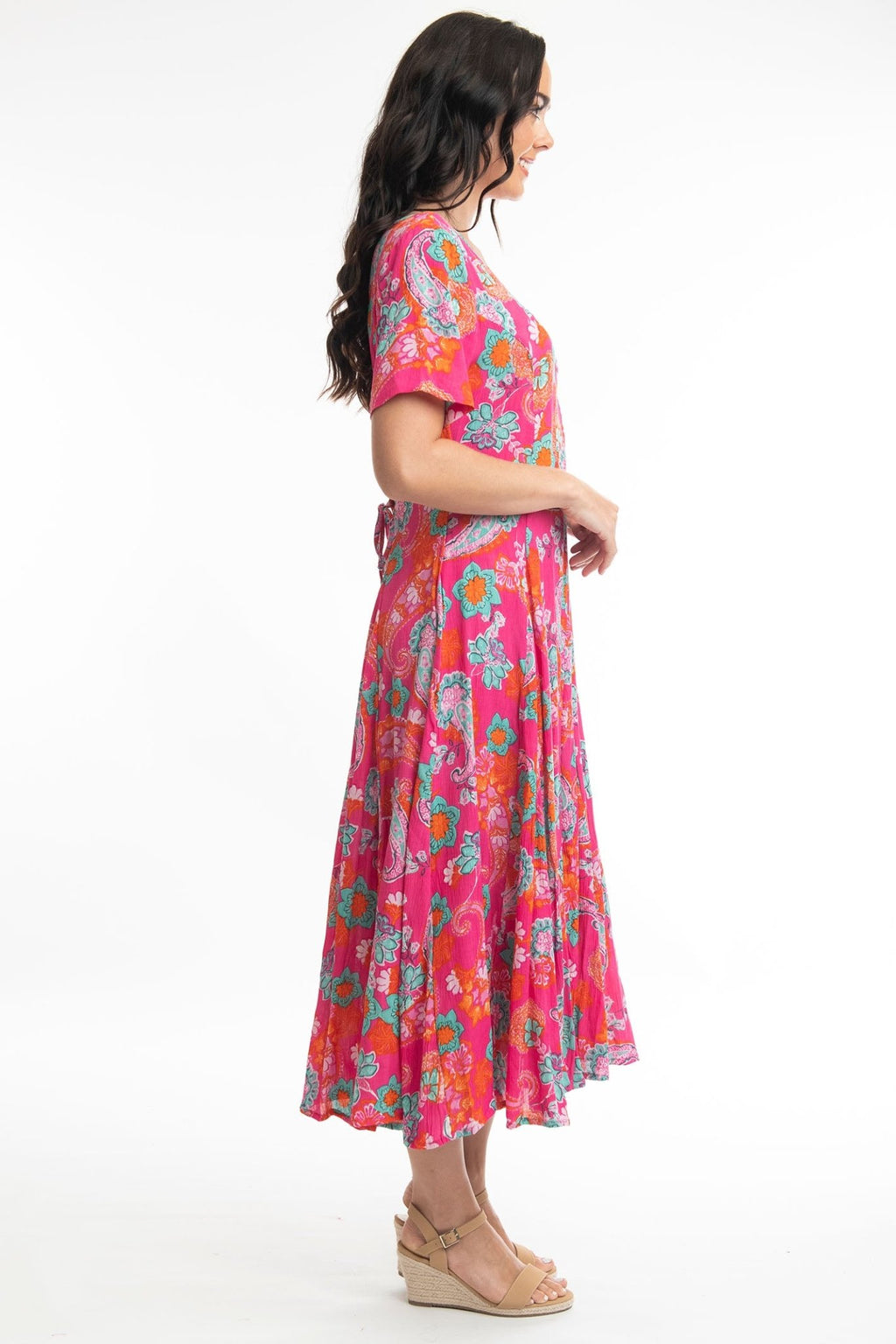 Orientique 41000 Pink Symi Print V-Neck Short Sleeve Dress - Dotique