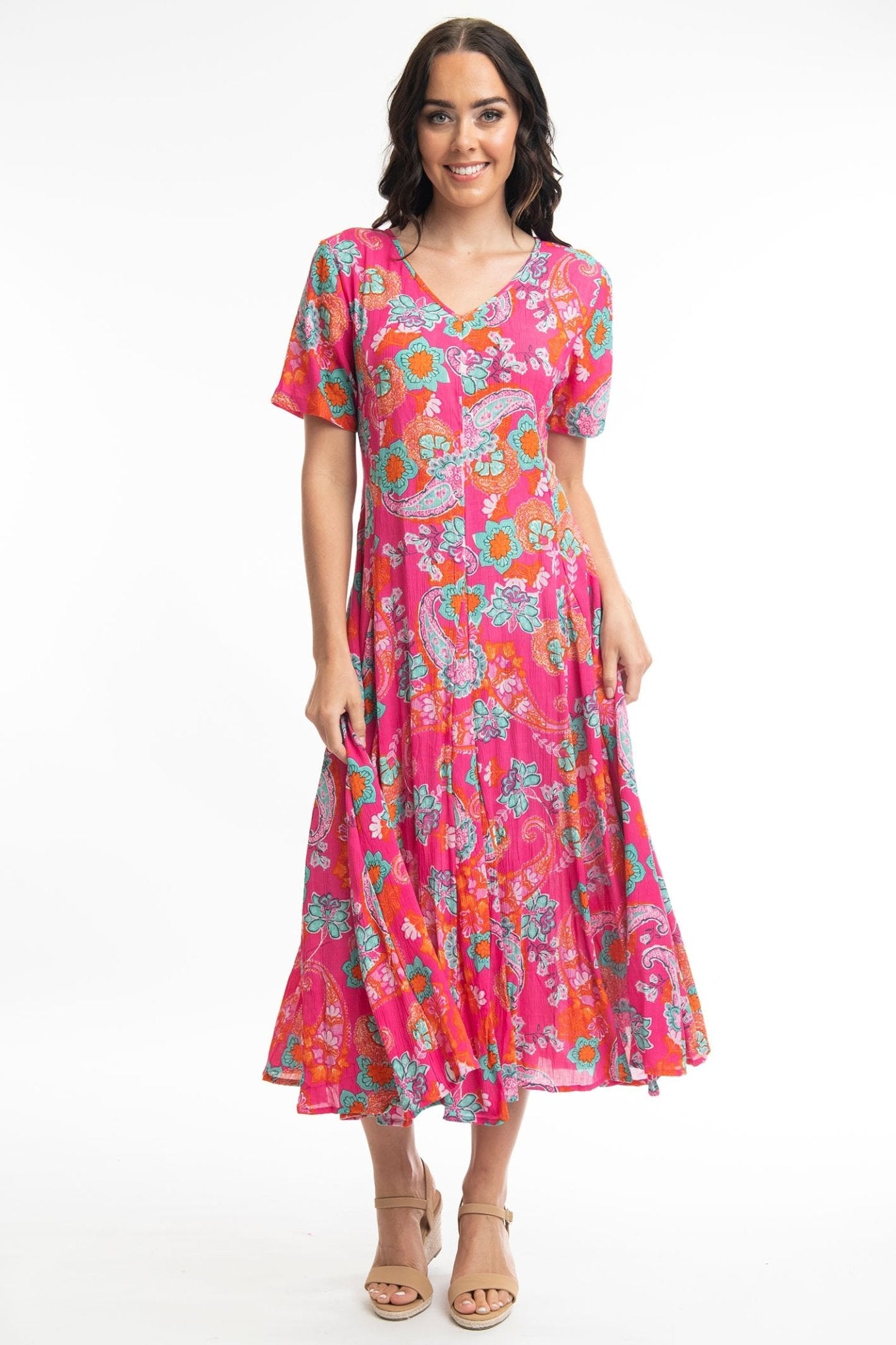 Orientique 41000 Pink Symi Print V-Neck Short Sleeve Dress - Dotique