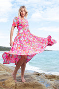 Orientique 41000 Pink Symi Print V-Neck Short Sleeve Dress - Dotique