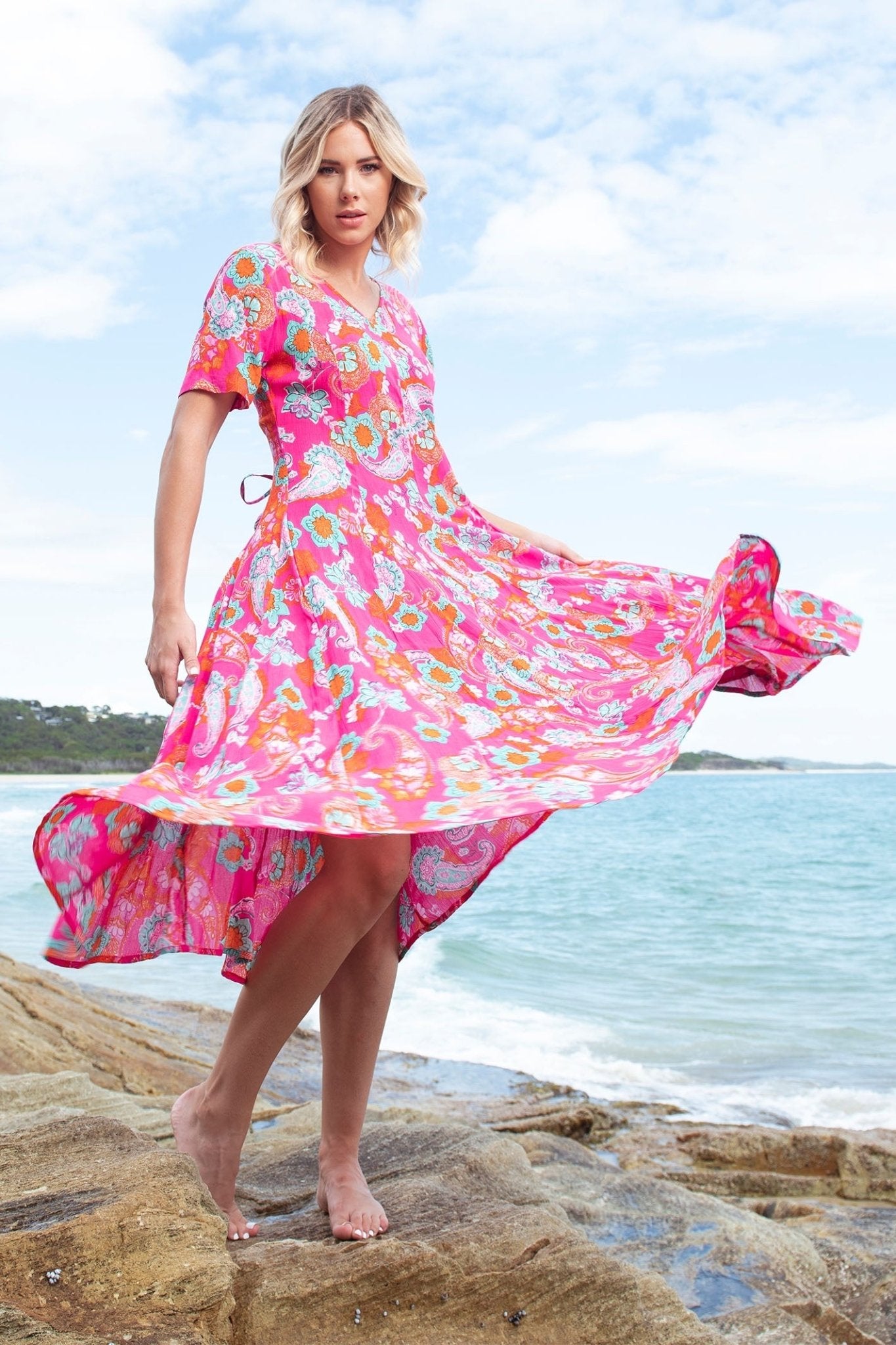 Orientique 41000 Pink Symi Print V-Neck Short Sleeve Dress - Dotique