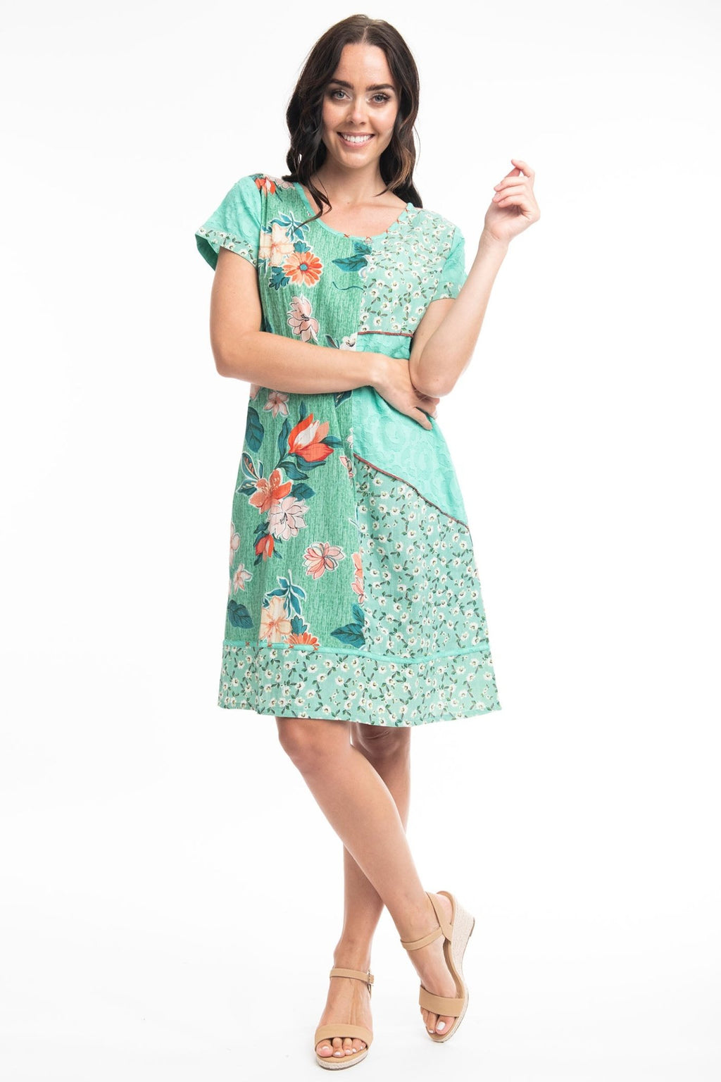 Orientique 61597 Green Kaleici Print Round Neck Dress- Dotique